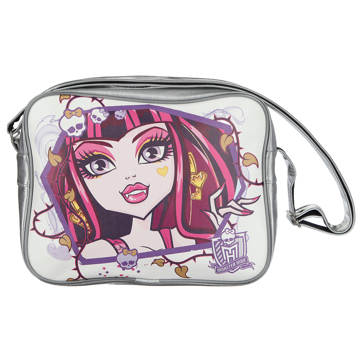 Сумка молодежная Monster High, цвет: серебристый, белый. 8498084980 Сумка молодежная Monster High, цвет: серебристый, белый. 8498084980Молодежная сумка Monster High сочетает в себе современный дизайн, функциональность и долговечность. Она выполнена из искусственной кожи и оформлена изображением одной из героинь популярного мультсериала Школа Монстров. Сумка имеет одно вместительное отделение, разделенное пополам карманом-средником на молнии. Внутри - вшитый карман на молнии. Закрывается сумка на застежку-молнию. С задней стороны сумки находится вшитый карман на молнии. Сумка оснащена плечевым ремнем регулируемой длины, максимальная длина -128 см, минимальная - 52 см. Такая сумка приведет в восторг поклонниц Школы Монстров!