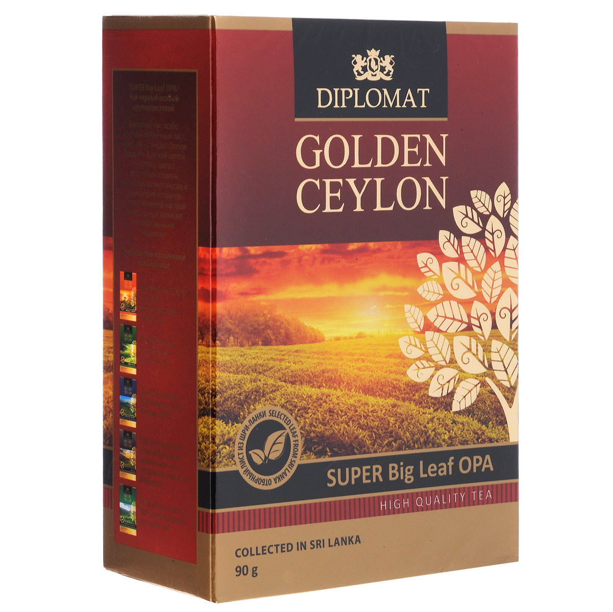 Diplomat Super Big Leaf OPA черный крупнолистовой чай, 90 г4623721121821 Diplomat Super Big Leaf OPA черный крупнолистовой чай, 90 г4623721121821Байховый чай Diplomat Super Big Leaf OPA отличается особо крупным скрученным листом - стандартом Orange Pekoe «А». Крепкий настой янтарного цвета с золотистым отливом, мягким бархатным вкусом и освежающим ароматом создает отличный настрой на весь день и заряжает положительными эмоциями.