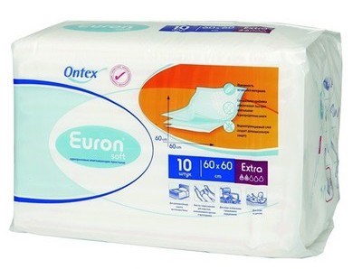 Впитывающие простыни Euron Soft Extra, 60 см х 60 см, 10 шт96262980/162621000 Впитывающие простыни Euron Soft Extra, 60 см х 60 см, 10 шт96262980/162621000Интенсивно впитывающие простыни Euron Soft Extra предназначены для людей страдающих недержанием, и лежачих больных. Используются для дополнительной защиты постельного белья и обеспечивают надежную защиту от протекания. Верхний слой простыней изготовлен из гипоаллергенного нетканого материала, впитывающий слой - из распушенной целлюлозы, которая надежно удерживает влагу и запах. Полиэтиленовое основание простыней исключает сквозное протекание жидкости.