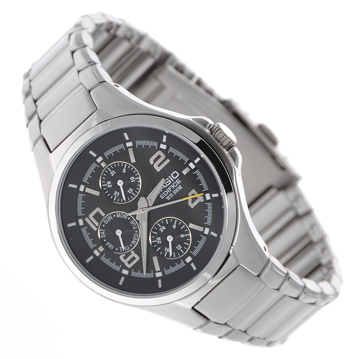 Наручные часы Casio EF-316D-1AEF-316D-1 Наручные часы Casio EF-316D-1AEF-316D-1Мужские наручные часы Casio EF-316D. Светящееся покрытие обеспечивает длительную подсветку в темное время суток после короткого воздействия света Прочное, устойчивое к царапинам минеральное стекло защищает часы от повреждений Резьбовое соединение на основании корпуса оптимально защищает внутренний механизм часов и одновременно обеспечивает легкий доступ, например, при замене аккумулятора Надежный, прочный и элегантный: браслет из нержавеющей стали придает Вашим часам классический вид У этих часов есть особая безопасная предохранительная защелка, которая помогает предотвратить случайное расстегивание ремешка Аккумулятор обеспечивает часы достаточным питанием приблизительно на два года Идеально подходит для плавания с маской и трубкой: часы являются водонепроницаемыми до 10 Бар/на глубине до 100 метров. Значение метров не относится к глубине погружения, но относится к атмосферному давлению, используемого в процессе испытания на...