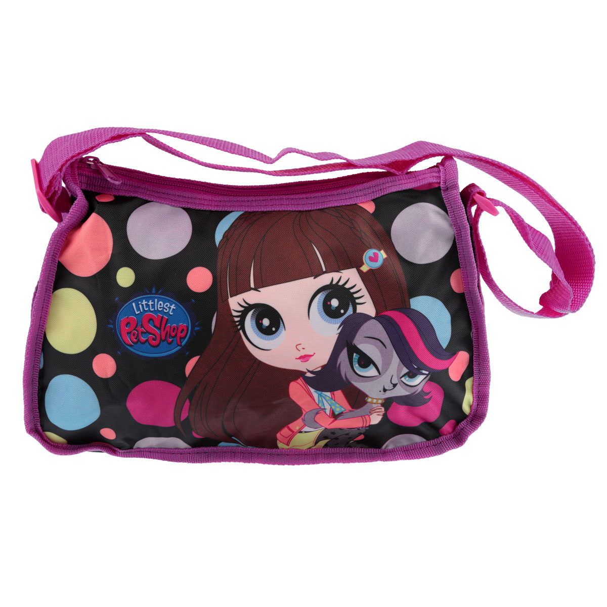 Сумочка детская Littlest Pet Shop, цвет: розовый, черныйLPCB-UT3-4014 Сумочка детская Littlest Pet Shop, цвет: розовый, черныйLPCB-UT3-4014Стильная детская сумочка Littlest Pet Shop, оформленная изображением героинь известной серии игрушек, несомненно, понравится вашей малышке. Сумочка имеет одно вместительное отделение, закрывающееся на металлическую застежку-молнию, куда можно положить все необходимые принадлежности и аксессуары. Сумочка оснащена регулируемым по длине ремнем для переноски, благодаря чему подойдет детям любого роста. Окантовка сумки выполнена из плотной текстильной каймы. Каждая юная поклонница популярной серии игрушек, будет рада такому аксессуару.