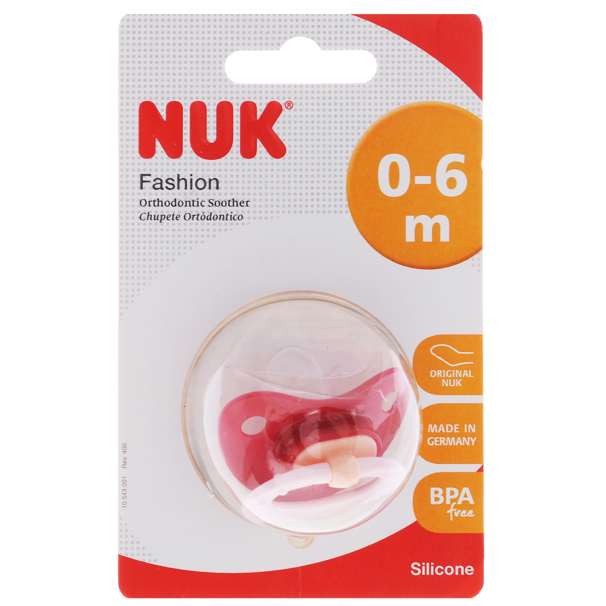 Пустышка силиконовая NUK Fashion, ортодонтическая, от 0 до 6 месяцев, цвет: красный10729798_красный Пустышка силиконовая NUK Fashion, ортодонтическая, от 0 до 6 месяцев, цвет: красный10729798_красныйПустышка силиконовая NUK Fashion снабжена скошенной соской и традиционным ограничителем с кольцом. Силикон - прочный гипоаллергенный материал, который не вступает в химическую реакцию со слюной, хорошо стерилизуется, не теряет форму и не впитывает запахи. Воздушный клапан впускает воздух, благодаря чему пустышка остается мягкой и не деформируется. Ортодонтическая пустышка способствует правильному физиологическому развитию ротовой полости, а также правильному развитию неба, языка и зубов малыша. Пустышка имитирует сосок матери в момент кормления грудью, поэтому оптимально подходит по форме для ротовой полости младенца. Пустышка удовлетворяет естественный сосательный рефлекс и тренирует мышцы губ, языка и челюсти, что играет важную роль в развитие речевых навыков и навыков приема пищи.
