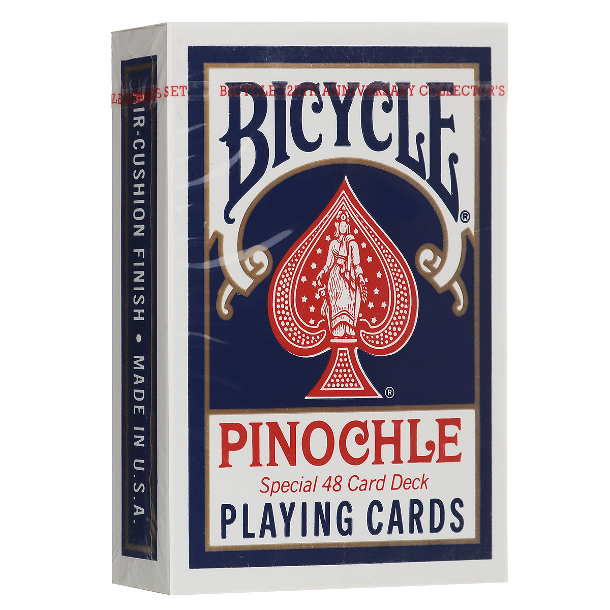 Игральные карты Bicycle Pinochle Poker-size, цвет: синий, 48 штК-074 Игральные карты Bicycle Pinochle Poker-size, цвет: синий, 48 штК-074Элегантная колода из 48 карт Bicycle Pinochle Poker-size- два набора 9,10, Валетов, Дам и Королей всех мастей. Благодаря узнаваемому дизайну, отменному качеству и невысокой цене они пользуются популярностью во всем мире.