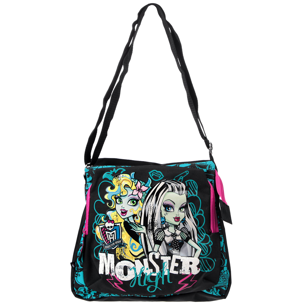 Сумка детская Monster High, цвет: черный, бирюзовый. MHBA-UT1-5013MHBA-UT1-5013 Сумка детская Monster High, цвет: черный, бирюзовый. MHBA-UT1-5013MHBA-UT1-5013Сумка на плечо Monster High трапециевидной формы подчеркнет ваш безупречный вкус и послужит отличным аксессуаром на каждый день. Сумка способна вместить ультрамодные гаджеты, документы, и школьные принадлежности. Внутренняя отделка выполнена качественной подкладочной тканью. Сумка содержит одно отделение с закрытым карманом на молнии. Вместительный наружный карман на молнии предназначен для средних и мелких предметов. Также карман на молнии расположен на задней стороне. У сумки широкая лямка, регулируемая по длине, что делает ее очень удобной и практичной. Торопитесь примерить на себя новый стильный образ с сумкой Monster High!