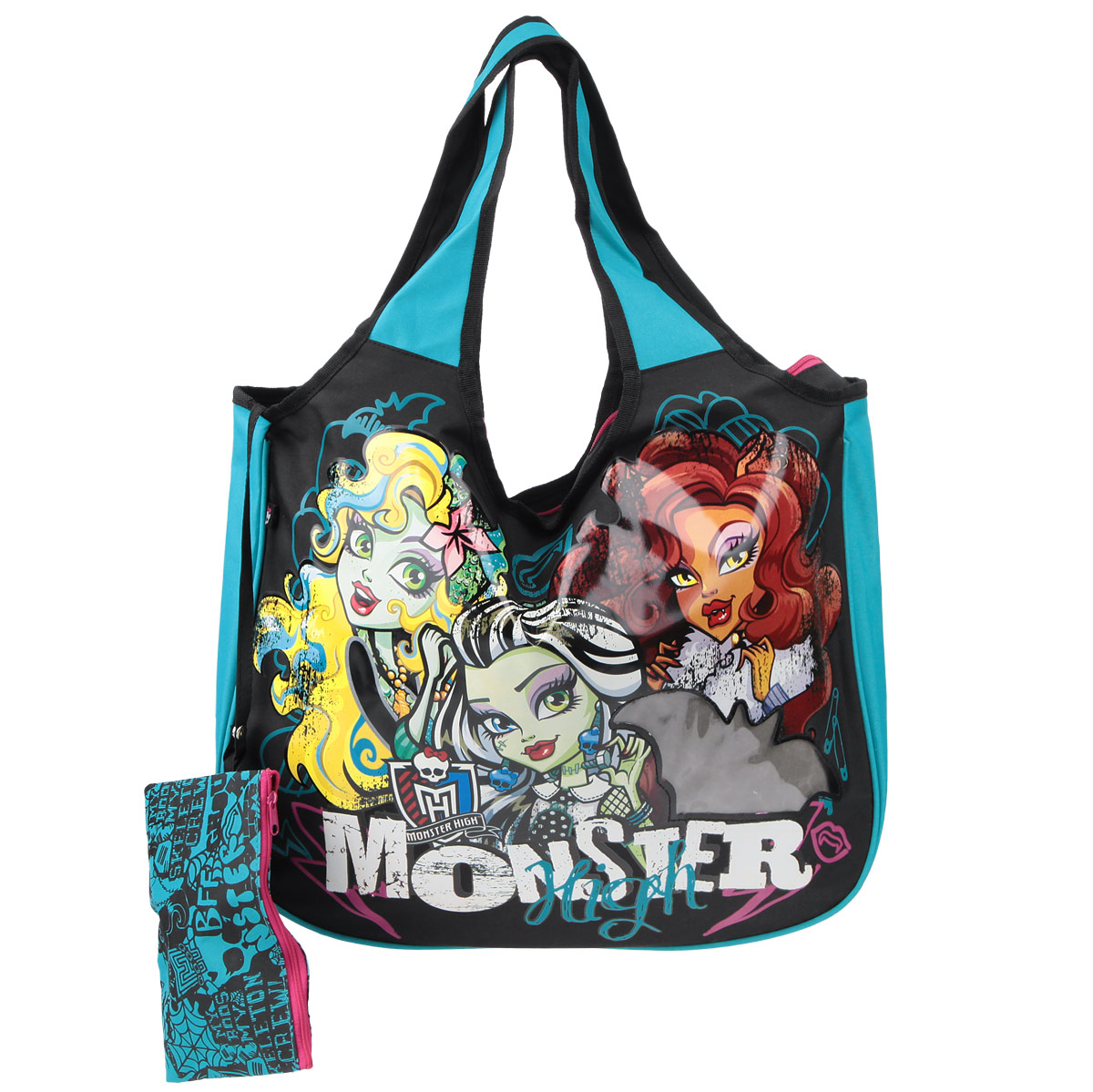Сумка детская Monster High, цвет: черный, бирюзовый. MHBS-UT1-1445MHBS-UT1-1445 Сумка детская Monster High, цвет: черный, бирюзовый. MHBS-UT1-1445MHBS-UT1-1445Эффектная детская сумка Monster High обязательно понравится вашему ребенку. Сумочка выполнена из легкого текстильного материала и украшена ярким принтом с изображением героев одноименного популярного мультсериала и прозрачным фрагментом в форме летучей мыши. Сумка имеет одно большое внутреннее отделение, которое застегивается на молнию. Яркую сумку с длинными текстильными ручками можно носить как в руках, так и на плече. Ручки выполнены цельными с основой, благодаря чему предотвращается возможное повреждение в местах их соединения с корпусом. К сумке пристегнут небольшой текстильный кошелек на молнии, который может использоваться отдельно.
