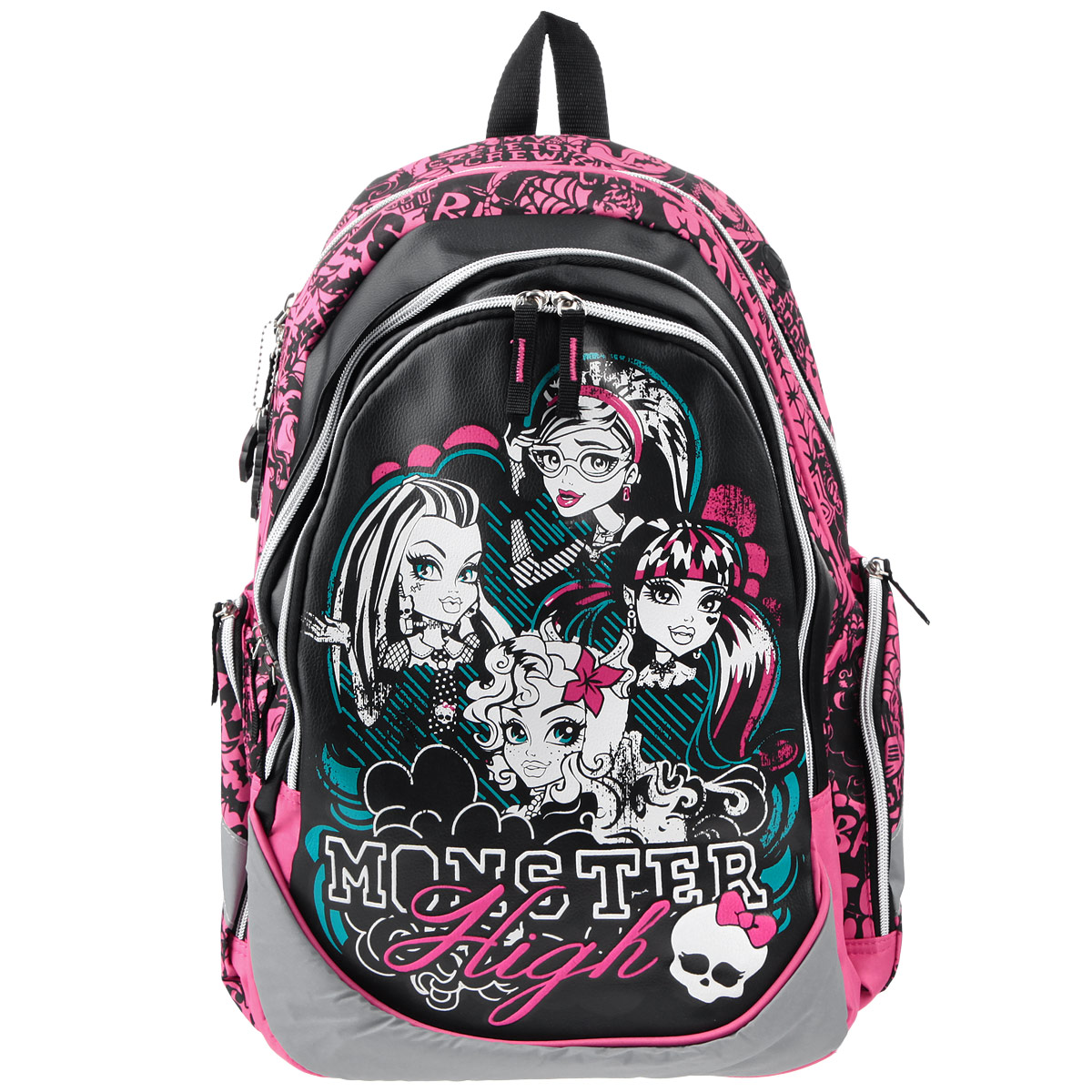 Рюкзак детский Monster High, цвет: черный, белый, розовый, бирюзовый. MHBB-RT3-976MHBB-RT3-976 Рюкзак детский Monster High, цвет: черный, белый, розовый, бирюзовый. MHBB-RT3-976MHBB-RT3-976Детский рюкзак Monster High с эргономической спинкой непременно понравится вашему ребенку. Спинка рюкзака мягкая с воздухообменным сетчатым материалом. Благодаря применяемым технологиям между стенкой рюкзака и спиной ребенка постоянно циркулирует воздух, позволяя спине дышать. Лямки рюкзака специальной S-образной формы с воздухообменным сетчатым материалом. Длина регулируется, и рюкзак растет вместе с ребенком. Рюкзак оснащен двумя отделениями. Основное, самое вместительное, имеет внутренний карман на молнии и разделитель на липучке. Это отделение может быть использовано для переноски ноутбука. Второе отделение не имеет дополнительных карманов. На фронтальной части располагается карман на молнии с органайзером, украшенный ярким принтом. В органайзере расположен открытый карман, небольшой закрытый карман на молнии и два маленьких кармашка для канцелярских принадлежностей. По бокам рюкзака расположены 2 закрытых кармана на молнии. Дно рюкзака мягкое, выполнено со вставкой из...