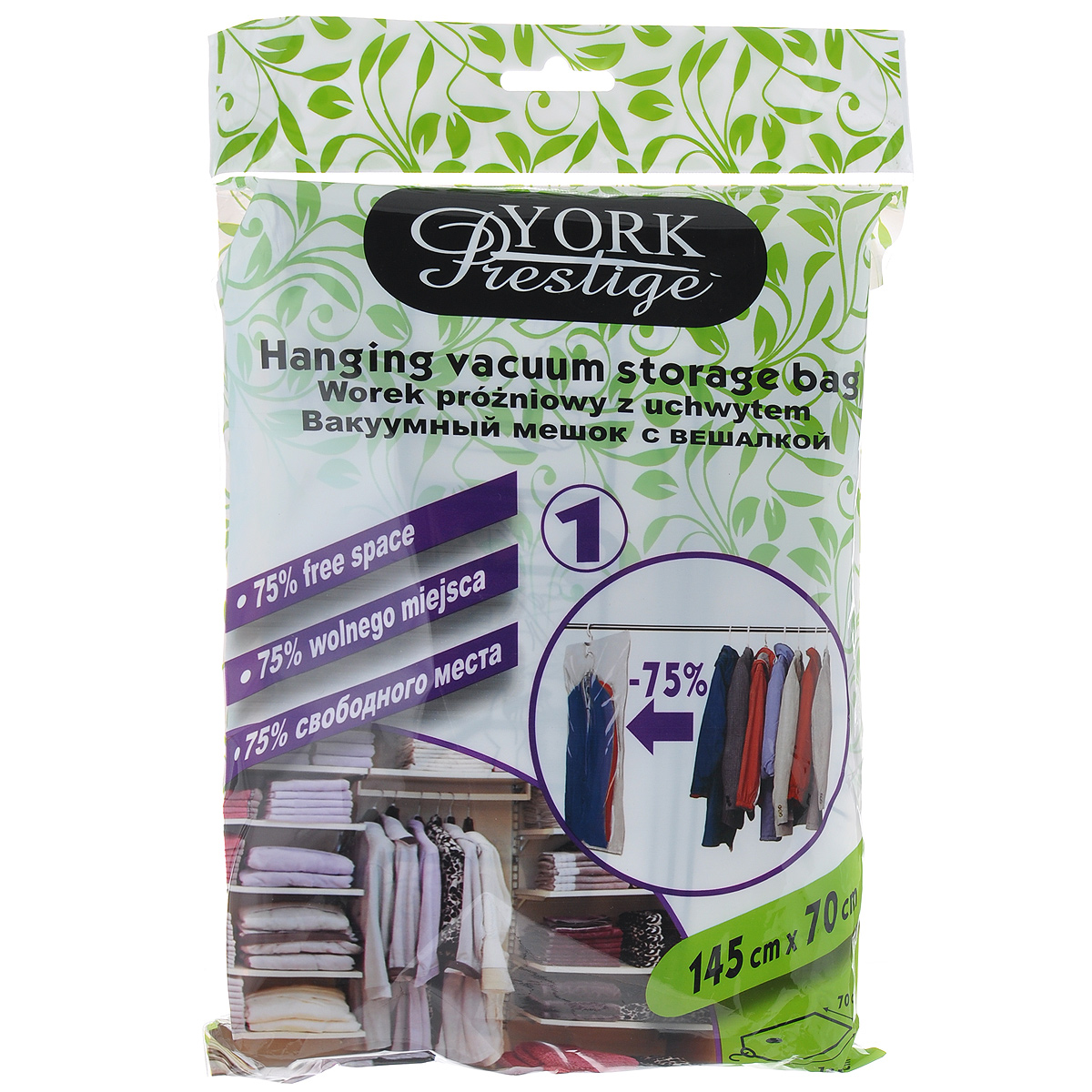 Вакуумный мешок York Prestige, с вешалкой, 145 см х 70 см9306 Вакуумный мешок York Prestige, с вешалкой, 145 см х 70 см9306Вакуумный мешок York Prestige позволит вам компактно хранить в шкафу куртки, плащи, пальто, пиджаки и блузки, при этом защищая их от влаги, пыли и вредных насекомых. Встроенная пластиковая вешалка помогает разместить сжатые вещи в шкафу, не складывая их и не занимая места на полках. После того, как вы поместите вещи в пакет, необходимо с помощью обычного пылесоса через специальный клапан откачать воздух - и ваши вещи теперь в надежных руках. Вакуумный пакет удобен как для компактного хранения, так и для перевозки вещей, в том числе в командировках и путешествиях.