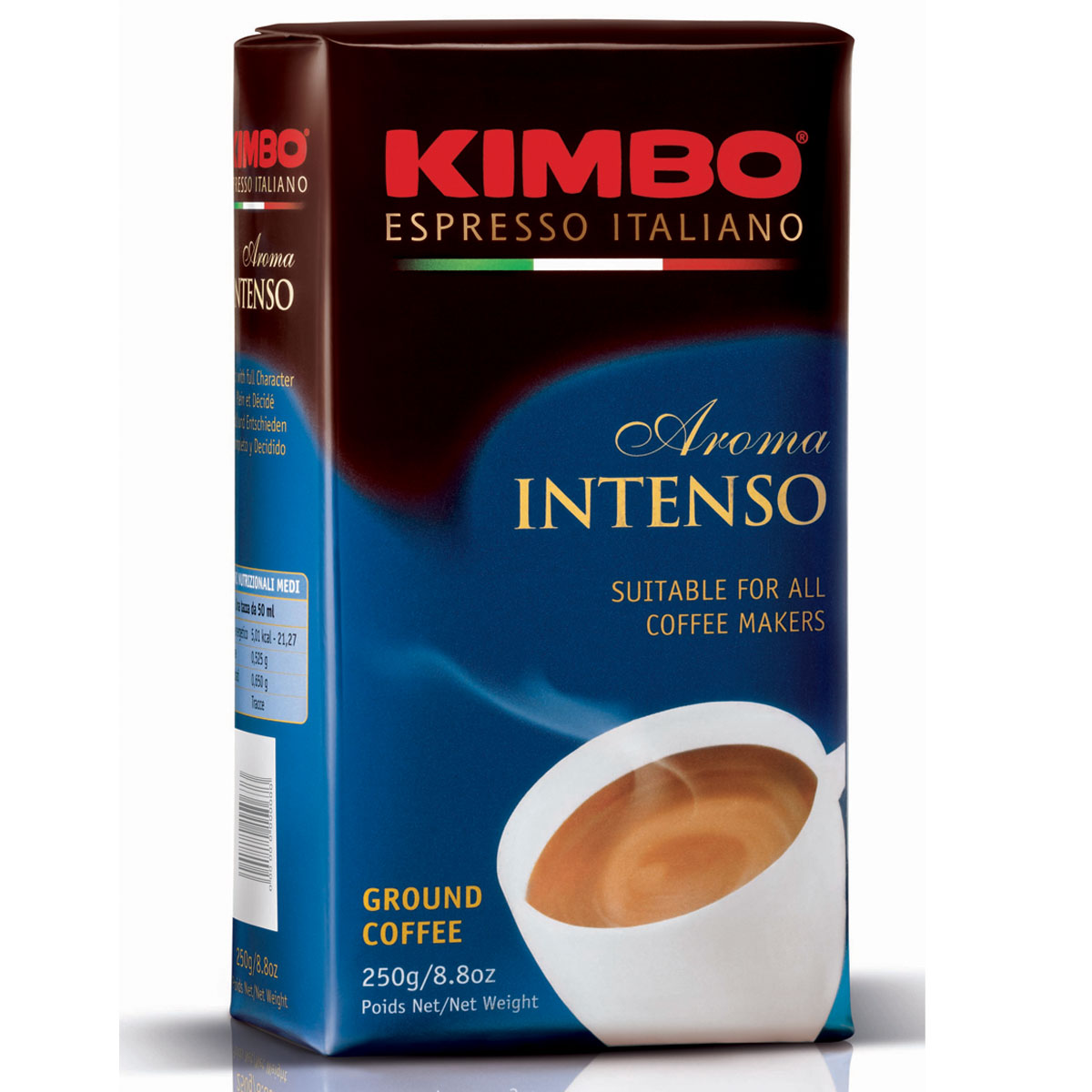 Kimbo Aroma Intenso кофе молотый, 250 г8002200601119 Kimbo Aroma Intenso кофе молотый, 250 г8002200601119Натуральный жареный молотый кофе Kimbo Aroma Intenso. Крепкий кофе с шоколадным послевкусием и ярким ароматом. Изысканная смесь арабики и робусты придаёт «Кимбо Арома Интенсо» насыщенный вкус. Состав смеси: 80% арабика, 20% робуста.