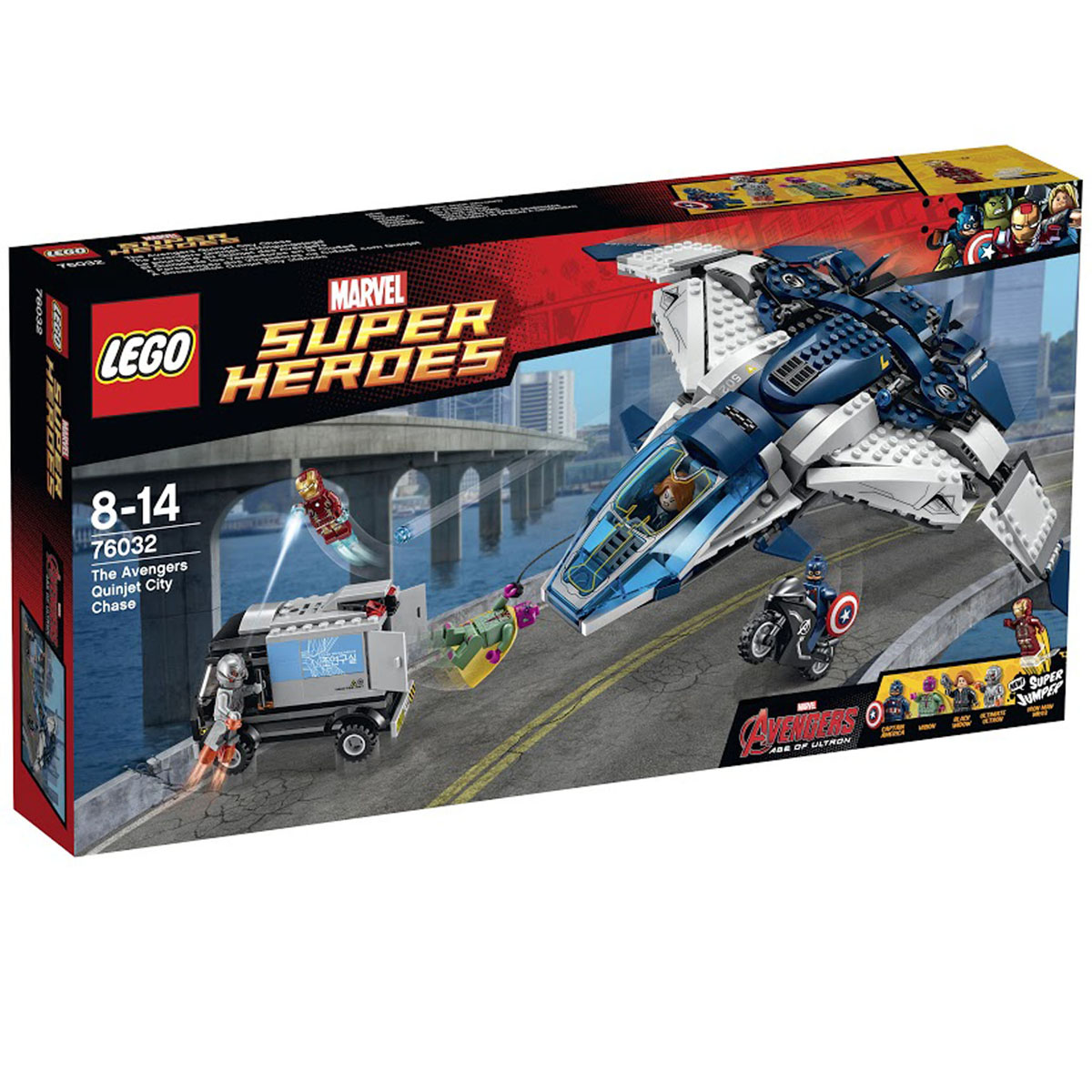 LEGO Super Heroes Погоня на Квинджете Мстителей 7603276032 LEGO Super Heroes Погоня на Квинджете Мстителей 7603276032Игровой набор от компании Lego позволит малышу инсценировать увлекательные погони на Квиджете Мстителей за грузовиком. Сверхзвуковой самолет выполнен из бело-синих деталей с голубым ветровым стеклом, подняв которое, можно рассмотреть интерьер и приборную панель управления. Квинджет оборудован подвижными крыльями, самонаводящимися ракетницами и системой бомбометания. В центральной части есть тайный отсек для перевозки мотоцикла Капитана Америки. Для катапультирования необходимо открыть люк рядом с шасси. В хвосте летательного аппарата расположен грузовой отсек с опускающейся стенкой, что позволит завозить технику и инвентарь внутрь корабля. Также для транспортировки небольших грузов или десантирования можно использовать тросовую лебёдку. Найди Альтрона по следам с помощью легендарного Квинджета Мстителей. Помести Черную вдову за пульт управления и взмывай в небо. Стреляй из шипованных шутеров и освободи Капитана Америку на супер-мотоцикле, чтобы продолжить погоню по улицам....