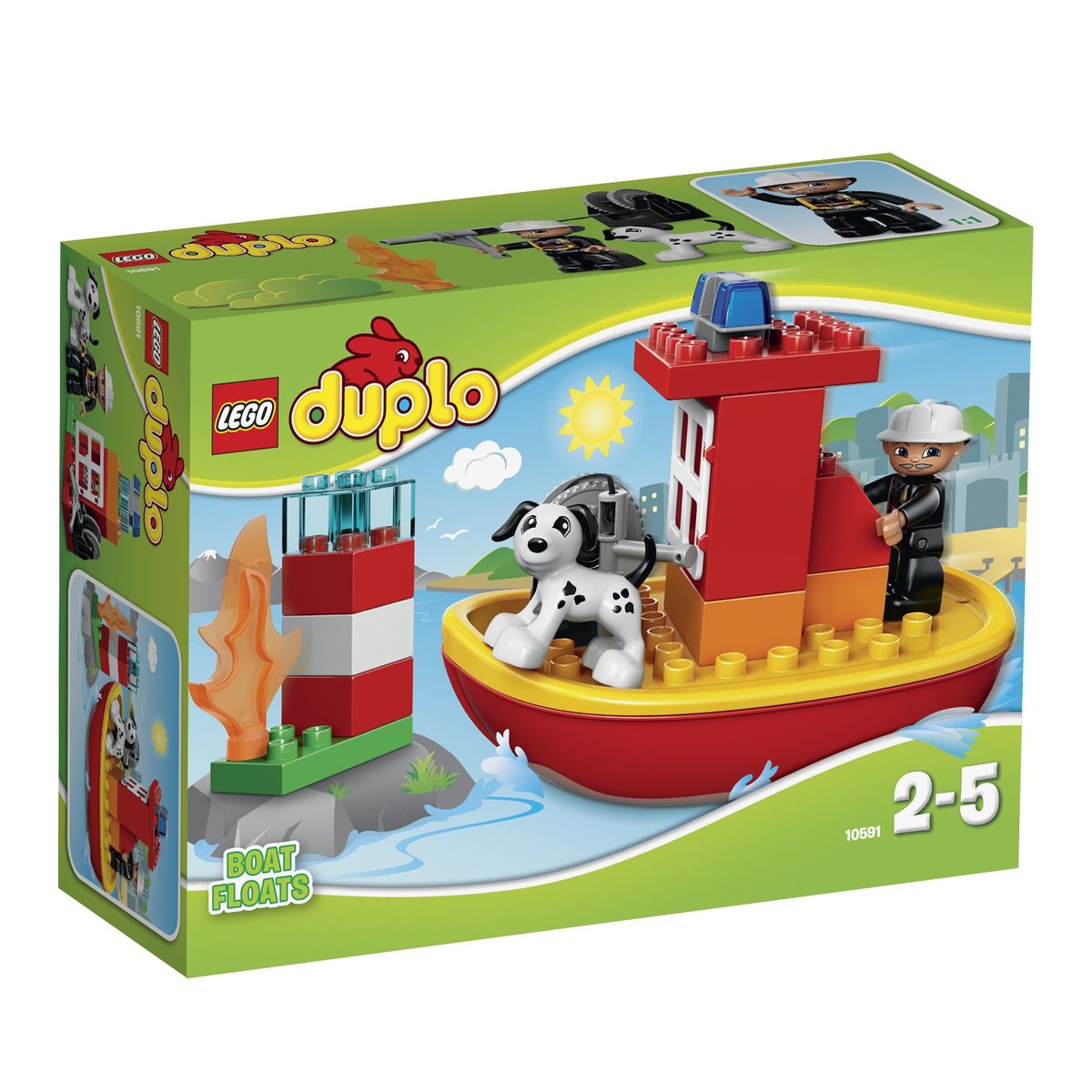 LEGO DUPLO Конструктор Пожарный катер 1059110591 LEGO DUPLO Конструктор Пожарный катер 1059110591Бесстрашный пожарный и его верный пес патрулируют морскую гавань. Вдруг, вдалеке, они замечают языки пламени. Это горит маяк! Включив сигнальные огни, герои направляют свой скоростной катер в сторону возгорания. Прибыв на место и надев защитную каску, пожарный разматывает водонапорный шланг и направляет струю воды в сторону пламени. Через мгновение пожар потушен, и работа маяка восстановлена. Из деталей набора LEGO DUPLO малыш сможет построить красный пожарный катер, способный плавать по воде и выполнять множество спасательных миссий. Благодаря реалистичным элементам, таким как огонь, сигнальные огни, приборная панель катера и пожарный шланг игра станет занимательнее и интереснее. Игра с конструктором развивает мелкую моторику ребенка, фантазию и воображение, учит его усидчивости и внимательности. Рекомендуемый возраст: от 2 до 5 лет.