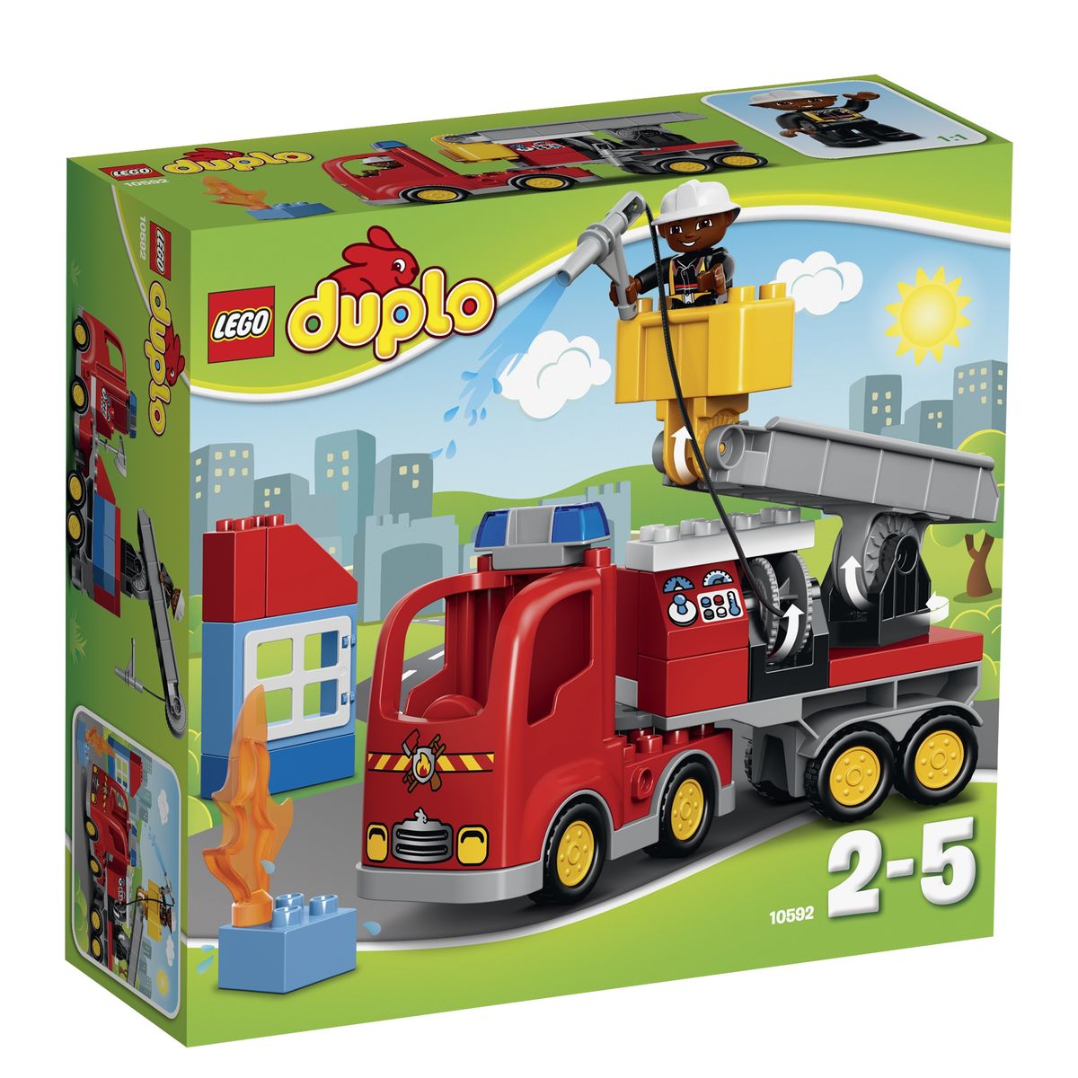 LEGO DUPLO Конструктор Пожарный грузовик 1059210592 LEGO DUPLO Конструктор Пожарный грузовик 1059210592Пожарный грузовик из конструктора LEGO DUPLO готов приступить к работе! Его массивный корпус выполнен из ярко-красных деталей. Спереди видна кабина водителя, оборудованная радиаторной решеткой, противотуманными фарами и сигнальными огнями. За кабиной организована прямоугольная панель, имеющая несколько назначений. При желании здесь можно разместить систему пожаротушения со шлангом, приборной панелью и багажным отсеком для перевозки инвентаря. Но, если возгорание произошло в высотном здании, то пожарному придется воспользоваться дополнительным оборудованием. Для этого к багажной панели необходимо присоединить транспортировочную платформу, состоящую из прочного основания и подъемного крана с люлькой. Для удобства пожарного вся конструкция очень мобильна. Она может не только подниматься и опускаться, подстраиваясь под высоту здания, но и вращаться вокруг своей оси. Игра с конструктором развивает мелкую моторику ребенка, фантазию и воображение, учит его...