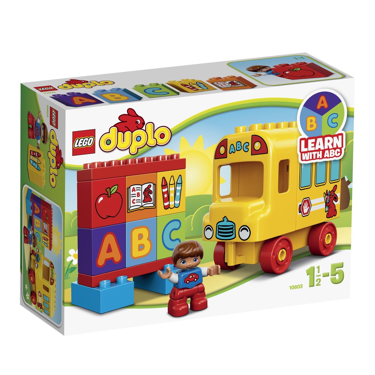 LEGO DUPLO Конструктор Мой первый автобус10603 LEGO DUPLO Конструктор Мой первый автобус10603Школьный автобус из набора LEGO DUPLO обязательно понравится всем юным конструкторам! Его ярко-желтый корпус очень прост в сборке, а закругленные детали крыши и стен идеально подходят для маленьких детских ладошек. В передней части автобуса видна просторная кабина водителя с наклейками в виде решетки радиатора и круглых фар. За кабиной располагается салон с большими голубыми окнами и открывающейся задней дверкой. При желании внутрь салона можно сложить кубики с изображениями букв или школьных предметов. В наборе присутствует фигурка ученика и 6 обучающих кубиков с изображением букв, карандашей, тетради и яблока. С их помощью можно изучать цвета, а также разыгрывать познавательные и веселые сценки. Игра с конструктором LEGO развивает мелкую моторику ребенка, фантазию и воображение, учит его усидчивости и внимательности. Рекомендуемый возраст: от 1,5 до 5 лет.