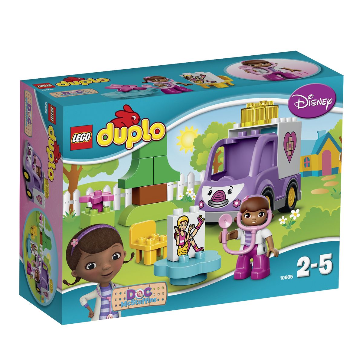 LEGO DUPLO Конструктор Скорая помощь Доктора Плюшевой 1060510605 LEGO DUPLO Конструктор Скорая помощь Доктора Плюшевой 1060510605Доктор Плюшева - это шестилетняя девочка Дотти, которая мечтает стать врачом. Узнав от мамы множество полезных советов по уходу за здоровьем, она решила помочь игрушкам, попавшим в сложные ситуации. Иногда начинающему доктору приходится даже выезжать на срочные вызовы! В этом ей помогает машина скорой помощи по имени Роузи. Ее корпус выполнен из бело-фиолетовых деталей с добавлением ярких наклеек. Спереди располагается кабина водителя, в которой может свободно поместиться Доктор Плюшева и ее стетоскоп. За кабиной организовано багажное отделение с открывающейся дверцей. В нем можно перевозить пострадавших игрушек или дополнительное оборудование. В наборе LEGO DUPLO вы найдете фигурку Доктора Плюшевой с розовым стетоскопом, а также множество аксессуаров для веселой игры: желтый стул, голубой стол, дерево, цветок, желтые сигнальные огни и двусторонний кубик с изображением больной и выздоровевшей куклы. Игра с конструктором развивает мелкую моторику...