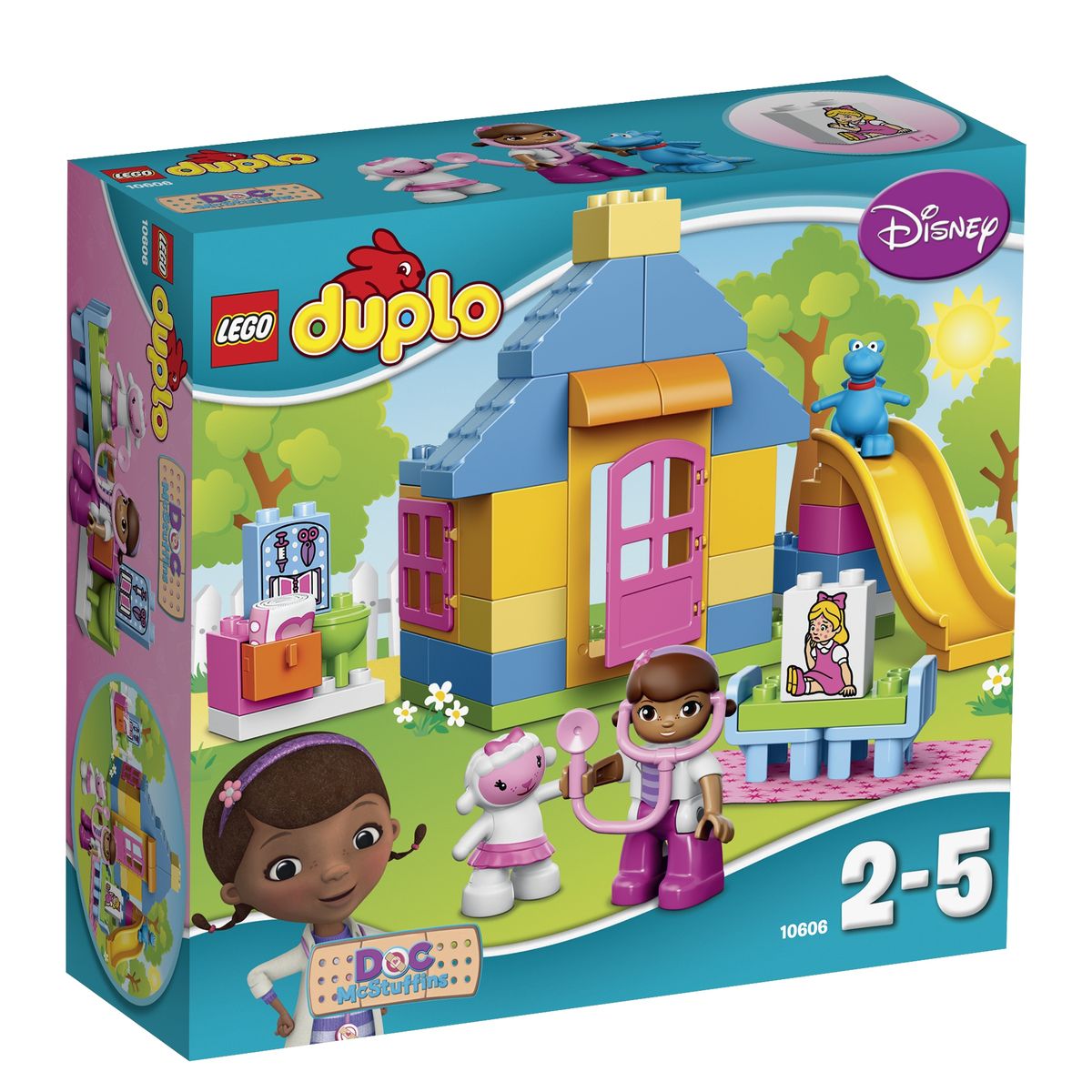 LEGO DUPLO Конструктор Больница Доктора Плюшевой 1060610606 LEGO DUPLO Конструктор Больница Доктора Плюшевой 1060610606На заднем дворе дома Доктора Плюшевой была построена новая больница, готовая принять всех пострадавших игрушек. Здание больницы представляет собой небольшой домик с розовым окошком, открывающейся дверкой и треугольной голубой крышей. Внутри есть достаточно места для размещения необходимого инвентаря, состоящего из умывальника, медицинских инструментов, тумбы с ящиком и кушетки для осмотра пострадавшего. Чтобы больным было не страшно приходить на приём к врачу, рядом с больницей организована игровая площадка с ярко-желтой горкой. В наборе LEGO DUPLO вы найдете 3 фигурки: белая овечка Лэмми, синий дракон Стаффи и Доктор Плюшева с розовым стетоскопом, а также множество аксессуаров для веселой игры: окошко, дверка, кушетка, тумбочка с ящиком для хранения матерчатого пластыря, одеяло, умывальник, кубик с изображением медицинских инструментов и двусторонний кубик с изображением больной и выздоровевшей куклы. Игра с конструктором развивает мелкую моторику...