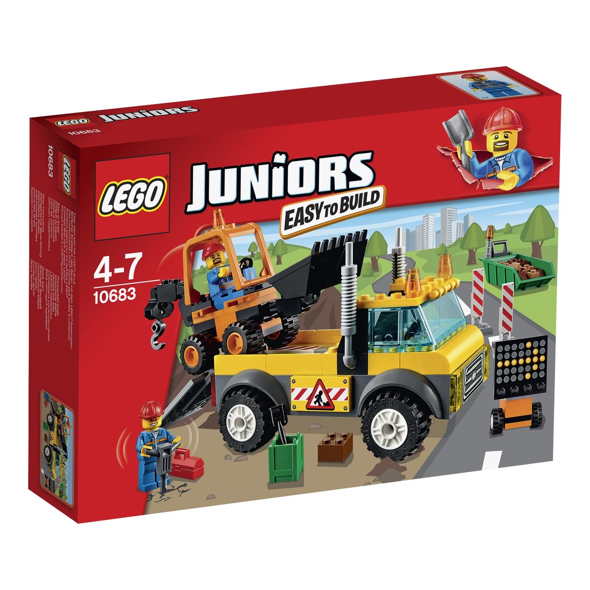 LEGO Juniors Конструктор Грузовик для дорожных работ 1068310683 LEGO Juniors Конструктор Грузовик для дорожных работ 1068310683Чтобы отремонтировать дорожное полотно, необходимо разровнять грунт и вывести лишние камни. С этой задачей справится мощный грузовик из набора LEGO 10683. Его корпус выполнен из контрастных желто-серых деталей с добавлением наклеек, предупреждающий о ремонтных работах. Спереди видна кабина водителя, оборудованная противотуманными фарами, радиаторной решеткой и сигнальными огнями. За кабиной располагается грузовая платформа с откидным пандусом. Благодаря утяжеленной подвеске на ней можно перевозить крупногабаритные грузы, например экскаватор. Экскаватор, привезенный грузовиком, тоже готов выполнить множество строительных работ. С помощью подвижного ковша он может разравнивать землю и выгружать лишний грунт в мусорный контейнер. Когда контейнер наполняется, экскаватор зацепляет его своим подвижным крюком и увозит со строительной площадки. Также в наборе вы найдете 2 мини фигурки рабочих и множество аксессуаров для реалистичной игры: 2 каски, лопата, отбойный молоток, кейс для...