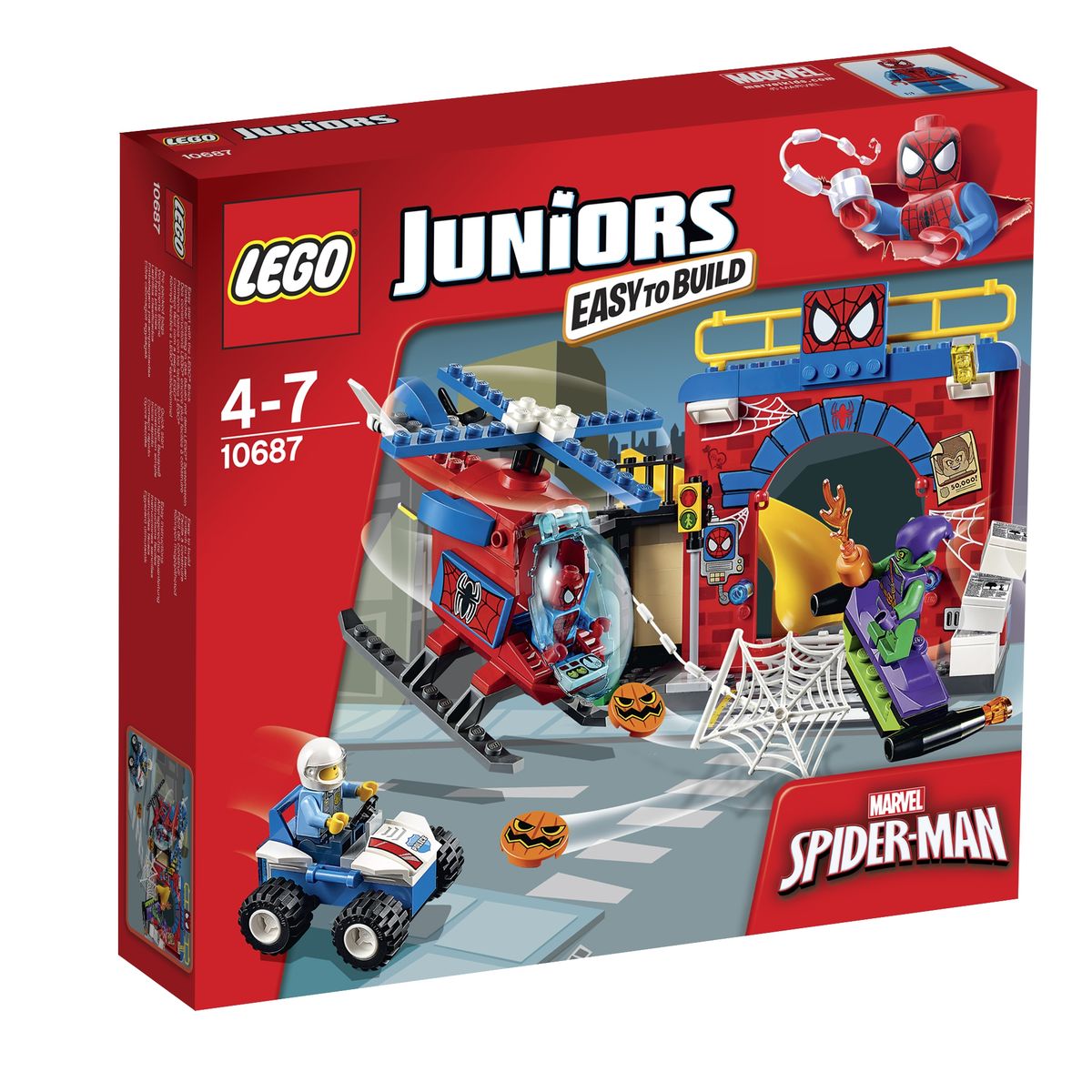 LEGO Juniors Конструктор Убежище Человека-паука 1068710687 LEGO Juniors Конструктор Убежище Человека-паука 1068710687Из деталей набора LEGO 10687 вы сможете построить тайное убежище Человека-паука с множеством реалистичных функций. В основе конструкции лежит серая плита, являющаяся частью городской улицы с пешеходной зеброй, канализационным люком и светофором. Слева от перехода видна небольшая ниша, образованная откидной лестницей и балконом. В ней установлен белый почтовый ящик с открывающимся прозрачным окошком. Справа от балкона построена красная кирпичная арка, служащая фасадом заброшенного дома. Вход внутрь преграждает огромная паутина с функцией опускания. Также рядом с входом установлен компьютер, сигнальные огни и прожектор. На крыше здания организована дозорная площадка Человека-паука. При малейшей опасности, он может быстро спуститься вниз, используя свою потайную горку, и приготовиться к сражению. Для разведывательных миссий Человек-паук может использовать свой красно-синий вертолет с поднимающимся ветровым стеклом, вращающимися винтами, вместительным грузовым отсеком и возможностью...