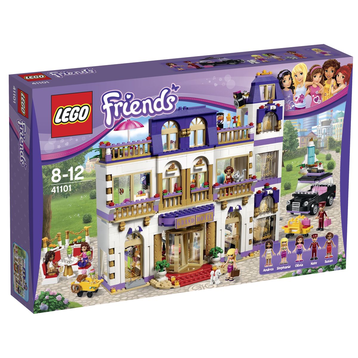 LEGO Friends Конструктор Гранд-отель 4110141101 LEGO Friends Конструктор Гранд-отель 4110141101Гранд-отель из набора LEGO 41101 представляет собой трехэтажное здание с балконами и верандами. Его фасад выполнен из светло-бежевых деталей с добавлением позолоченных колонн, орнаментов и скульптур. Перед входом организована просторная гостевая зона с заграждениями, парковкой для такси и фонтаном. Центральный вход, оборудованный козырьком с вывеской и вращающейся дверью, сделан в лучших традициях дорогих гостиниц. К нему ведет лестница с фонариками и клумбами, напоминающая собой красную ковровую дорожку для очень важных персон. Пройдя по ней, можно очутиться в просторном холле Гранд-отеля. Справа располагается стойка регистрации и место консьержа, оборудованное прямоугольной столешницей, компьютером, монитором и тележкой для багажа. Напротив открыта кондитерская с огромным выбором свежей выпечки и пирожных. Для удобства посетителей в кафе есть уютный столик и четыре стула, сидя на которых так приятно полакомиться вкуснейшими десертами от шеф-повара. Центральная часть холла отведена...
