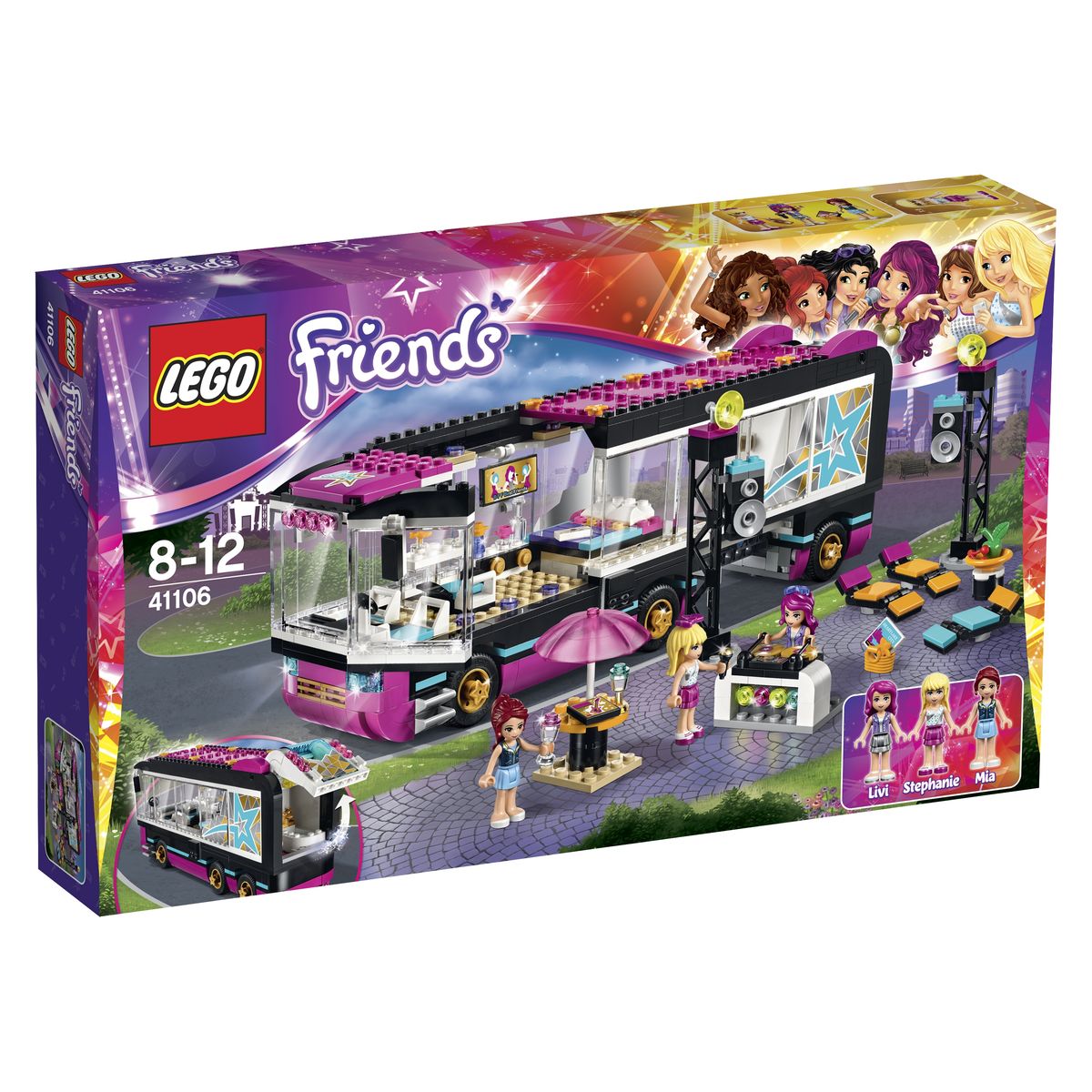LEGO Friends Конструктор Поп звезда Гастроли 4110641106 LEGO Friends Конструктор Поп звезда Гастроли 4110641106Автобус для турне из набора LEGO 41106 - это передвижная комфортабельная квартира, позволяющая известным исполнителям путешествовать по соседним городам и организовывать выступления для своих фанатов. Корпус автобуса состоит из черно-розовых деталей с добавлением прозрачных панорамных окон. Спереди располагается массивная кабина водителя, оборудованная открывающейся дверью, двумя креслами, приборной панелью, боковыми зеркалами и обтекаемыми голубыми фарами. За кабиной организовано место отдыха поп-звезд, состоящее из большой кровати, тумбочки, телевизора, кресла и стола, сидя за которым, можно отвечать на письма поклонников. В задней части автобуса организована маленькая уборная с ванной, краном и унитазом. Чтобы рассмотреть ее интерьер, достаточно поднять багажную белую дверь с розовыми фарами. Для более реалистичной игры в интерьере, можно воспользоваться функцией трансформации автобуса, при которой кабина и комната отдыха остаются на месте, а багажник отъезжает назад. Это...