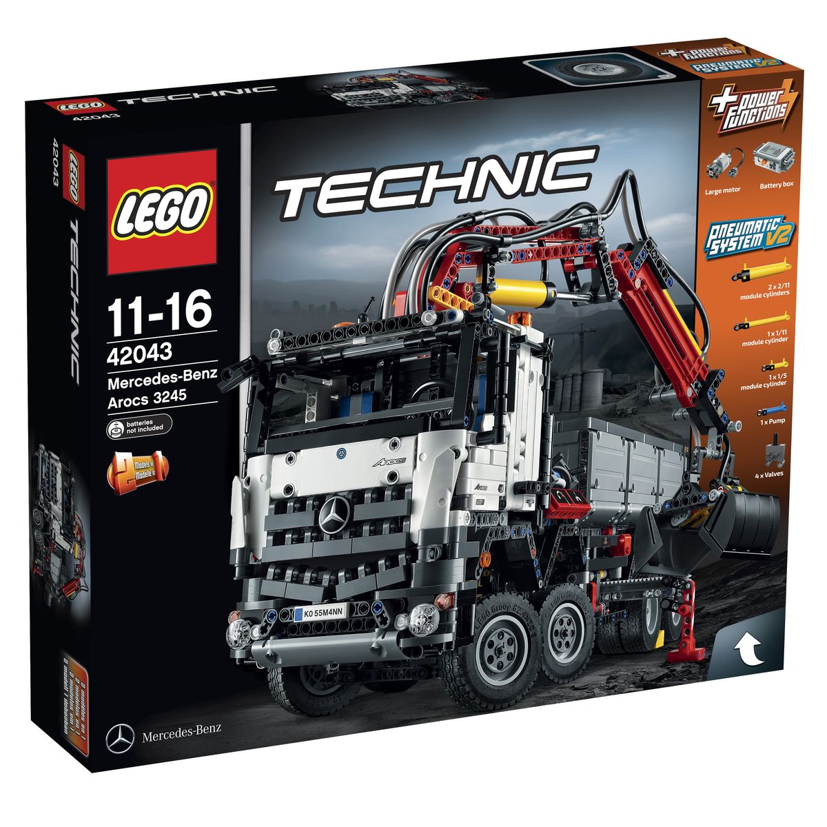 LEGO Technic Конструктор Mercedes-Benz Arocs 4204342043 LEGO Technic Конструктор Mercedes-Benz Arocs 4204342043Масштабная копия многофункционального грузовика из набора LEGO 42043 станет лучшим подарком для поклонников серии Technic! Корпус грузовика выполнен из бело-серо-черных деталей с добавлением красных элементов и узнаваемых логотипов Mercedes-Benz. Спереди видна массивная кабина водителя, оборудованная боковыми зеркалами, открывающимися дверями, системой освещения, непробиваемой радиаторной решёткой, двумя синими креслами и приборной панелью. Откинув кабину, можно рассмотреть 6-ти цилиндровый двигатель с желтыми подвижными поршнями. Ходовая часть грузовика представлена независимой подвеской с амортизаторами особой прочности. На передней оси установлены четыре рулевых колеса, управлять которыми можно с помощью закрепленных на крыше сигнальных огней. Задняя ось выглядит очень надежной. Это достигается благодаря спаренным колёсам, повышающим маневренность и грузоподъемность. Чтобы предотвратить опрокидывание корпуса во время погрузочных работ, необходимо воспользоваться выносными опорами....