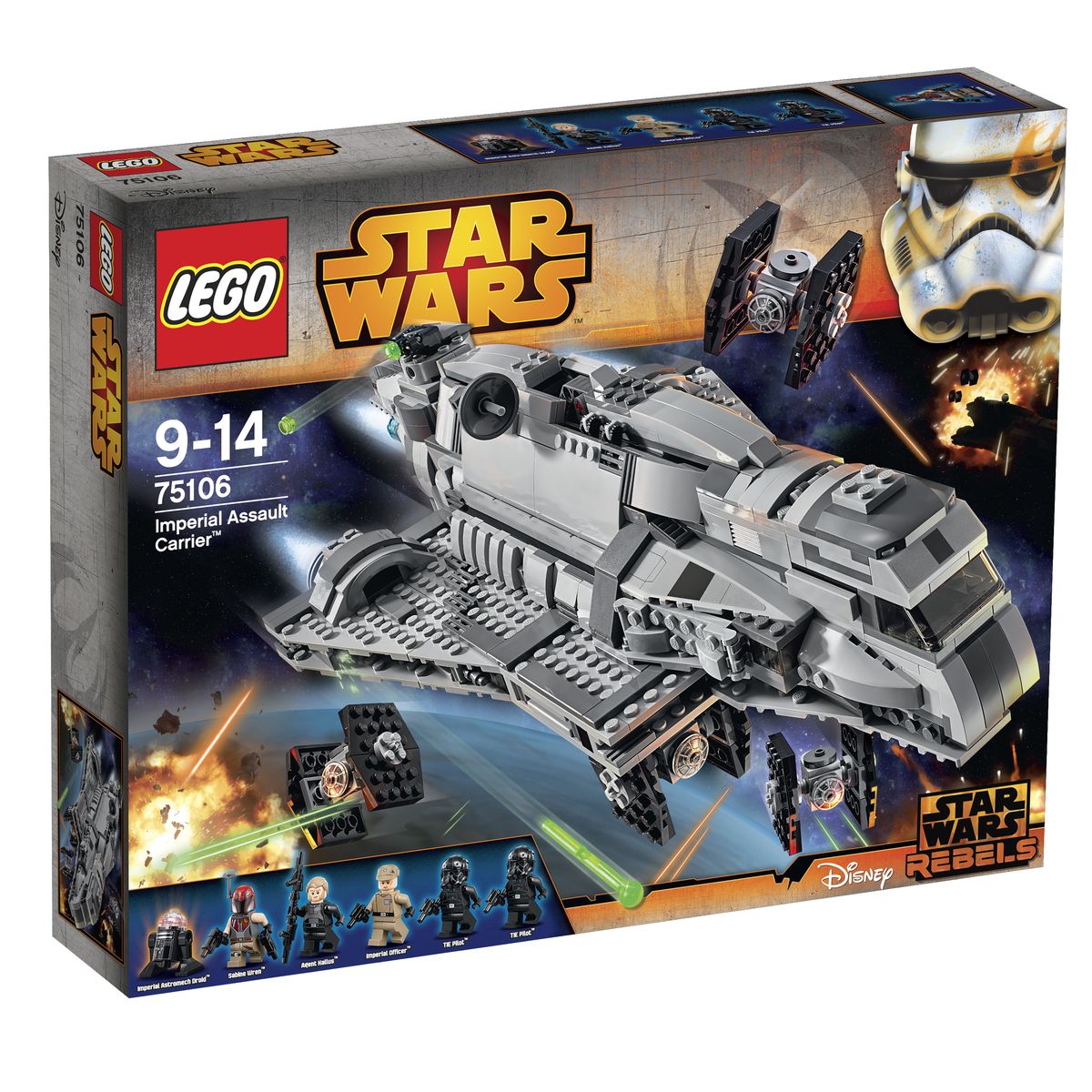 LEGO Star Wars Конструктор Имперский десантный корабль 7510675106 LEGO Star Wars Конструктор Имперский десантный корабль 7510675106Имперский авианосец является чем-то средним между транспортным и боевым кораблем. Его можно встретить даже в самых удаленных уголках Галактики, так как из-за сравнительно невысокой стоимости и возможности модернизации его могли себе позволить не только имперские лидеры, но и частные перевозчики и даже пираты. Из деталей набора LEGO 75106 вы сможете построить реалистичную модель десантного корабля с множеством активных функций. Его вытянутый корпус покрыт бронированными пластинами серого цвета. Спереди располагается кабина пилота, окруженная тонированным стеклом с хорошим обзором. Подняв часть крыши, можно заглянуть внутрь кабины и рассмотреть приборную панель с рычагами управления. Центральную часть корабля занимает вместительный грузовой отсек. Благодаря съемным панелям, образующим стены и крышу, можно рассмотреть его детализированный интерьер, а также разместить внутри мини фигурки, оружие и дополнительное оборудование. Также в грузовом отсеке установлен специальный держатель,...