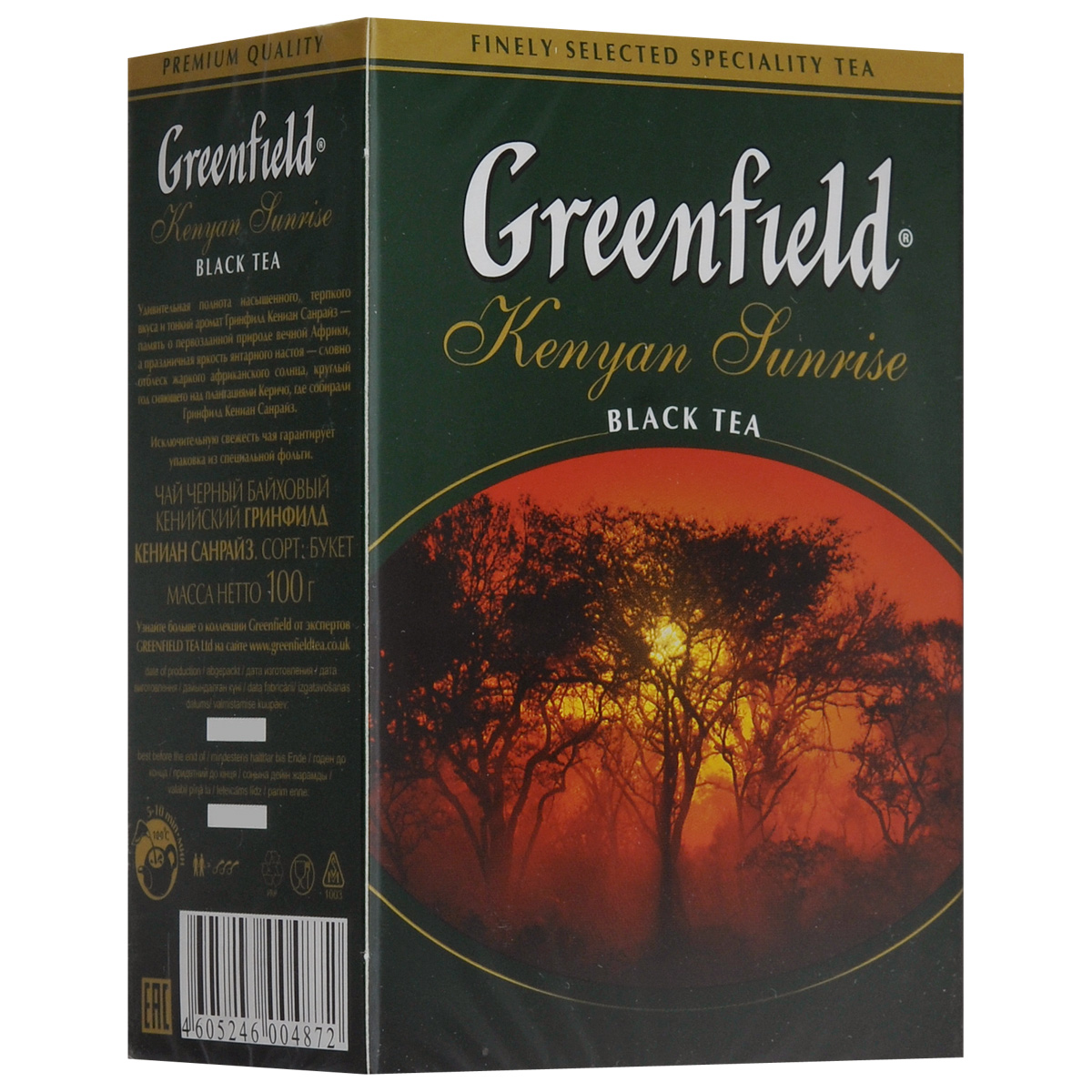 Greenfield Kenyan Sunrise черный листовой чай, 100 г0487-16 Greenfield Kenyan Sunrise черный листовой чай, 100 г0487-16Удивительная полнота насыщенного терпкого вкуса и тонкий аромат Greenfield Kenyan Sunrise - память о первозданной природе вечной Африки, а праздничная яркость янтарного настоя-словно отблеск жаркого африканского солнца, круглый год сияющего над плантациями Керичо, где собирали Greenfield Kenyan Sunrise.