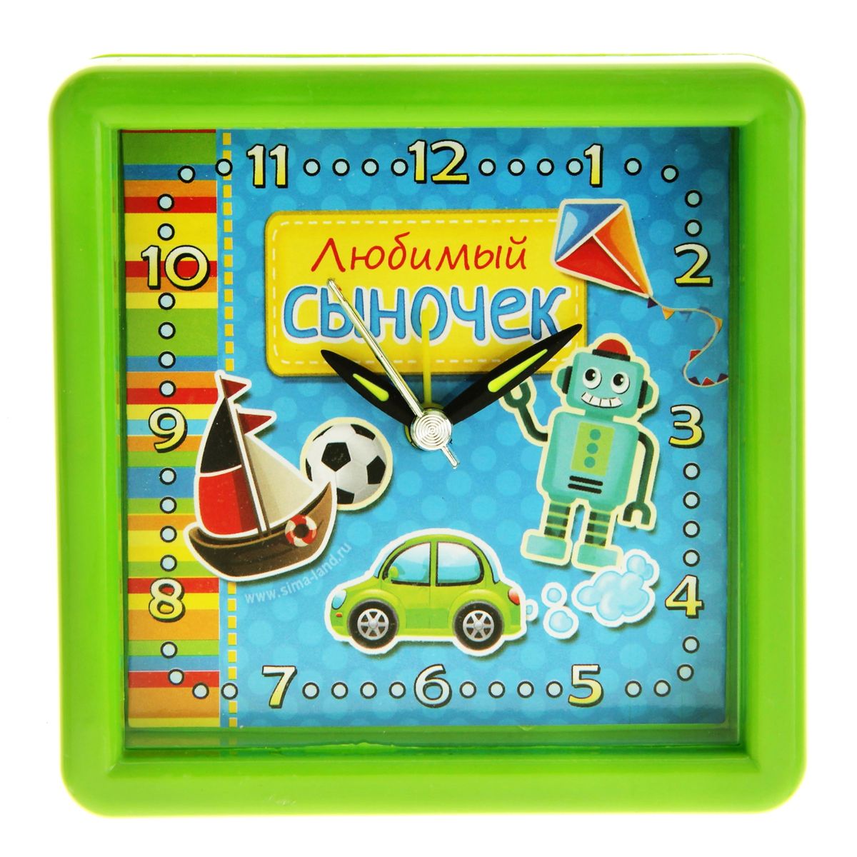 Часы-будильник Sima-land Любимый сыночек845890 Часы-будильник Sima-land Любимый сыночек845890Как же сложно иногда вставать вовремя! Всегда так хочется поспать еще хотя бы 5 минут и бывает, что мы просыпаем. Теперь этого не случится! Яркий, оригинальный будильник Sima-land Любимый сыночек поможет вам всегда вставать в нужное время и успевать везде и всюду. Корпус будильника выполнен из пластика. Часы снабжены 4 стрелками (секундная, минутная, часовая и для будильника), часовая и минутная стрелка покрыты люминесцентным раствором, светящимся в темноте. На задней панели будильника расположен переключатель включения/выключения механизма, а также два колесика для настройки текущего времени и времени звонка будильника. Такие часы прекрасно подойдут для детской комнаты, они сделают интерьер более насыщенным и выразительным. Пользоваться будильником очень легко: нужно всего лишь поставить батарейку, настроить точное время и установить время звонка. Необходимо докупить 1 батарейку типа АА (не входит в комплект).