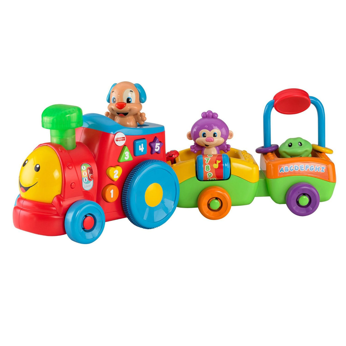 Fisher Price Смейся и учись Паровозик ученого щенкаCDF60 Fisher Price Смейся и учись Паровозик ученого щенкаCDF60Веселый паровозик ученого щенка, обезьянки и лягушонка - играй и катайся вместе с ними! Технология Smart Stages и более 50 песенок, мелодий и фраз! Нажимайте на загорающуюся огоньками дымовую трубу, чтобы начать веселые игры с паровозиком и услышать веселые песенки, которым можно подпевать. Или посадите щенка на место кондуктора, чтобы услышать антонимы. Пять ярких кнопок обучают цветам, цифрам и фигурам. Поезд щенка оснащен технологией Smart Stages, которая позволяет менять уровень обучающих материалов по мере взросления малыша. Каждый ребенок развивается в своем собственном темпе, и технология Smart Stages позволяет вам выбирать тот уровень обучения, который наилучшим образом подходит для вашего малыша! Игрушка предлагает многочисленные соответствующие различным возрастам песенки, фразы и звуки в рамках трех уровней игры - просто переведите переключатель или введите возраст малыша для автоматического изменения уровня! Игрушка работает от 2 батареек типа С (товар...