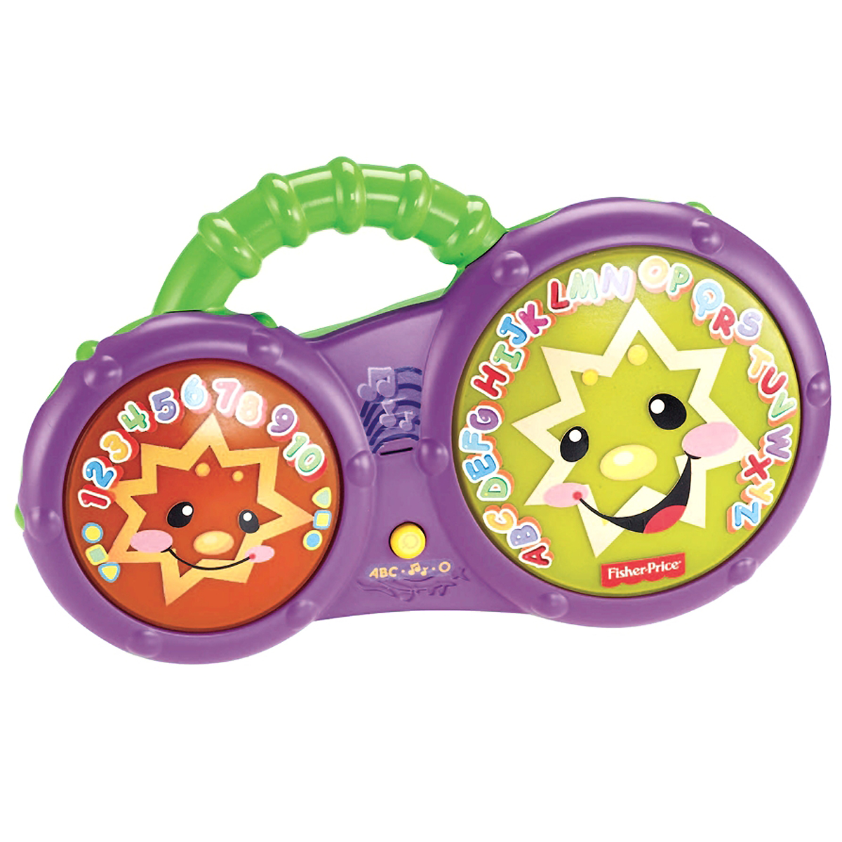 Fisher Price Смейся и учись Барабаны-Бонго для купания (рус.)BCD62 Fisher Price Смейся и учись Барабаны-Бонго для купания (рус.)BCD62Яркая развивающая игрушка Fisher-Price Барабаны-Бонго превратит купание в веселую игру и привнесут в него обучающий компонент. Она выполнена из прочного пластика в виде двух барабанов разного диаметра, соединенных ручкой. Игрушка предусматривает два режима - обучающий и музыкальный. Ударяя по плавающим барабанам бонго, малыш сможет насладиться замечательной музыкой, прослушать интересные выражения и понаблюдать за танцующими огоньками. Два интерактивных персонажа с подсветкой побуждают малыша к изучению букв, цифр, антонимов, приветствий и запоминанию первых простых слов. Игрушка Барабаны-Бонго поможет малышу в развитии цветового и звукового восприятия, мелкой моторики рук, координации движений, логического мышления, поспособствует раннему обучению, пополнит словарный запас.