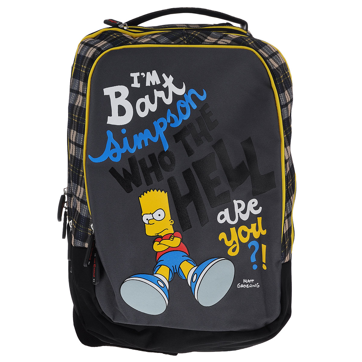 Рюкзак молодежный Proff The Simpsons, цвет: черный, желтый, серыйSI15-BPA-14 Рюкзак молодежный Proff The Simpsons, цвет: черный, желтый, серыйSI15-BPA-14Молодежный рюкзак Proff The Simpsons сочетает в себе современный дизайн, функциональность и долговечность. Он выполнен из водонепроницаемого, морозоустойчивого материла черного, желтого и серого цветов и оформлен изображением Барта Симпсона. Рюкзак состоит из двух вместительных отделений, закрывающихся на застежки-молнии. Большое отделение дополнено мягким карманом на липучке для планшета. На лицевой стороне расположен накладной карман на молнии с двумя бегунками, внутри которого имеются четыре отделения для канцелярских принадлежностей. Здесь же предусмотрен брелок для ключей. Рюкзак оснащен удобной текстильной ручкой для переноски в руке. Под ручкой расположен специальный карман для плеера с выводом для наушников. Конструкция спинки дополнена двумя эргономичными подушечками и противоскользящей сеточкой для предотвращения запотевания спины. Мягкие широкие лямки позволяют легко и быстро отрегулировать рюкзак в соответствии с ростом. S-образная форма лямок обеспечивает более...