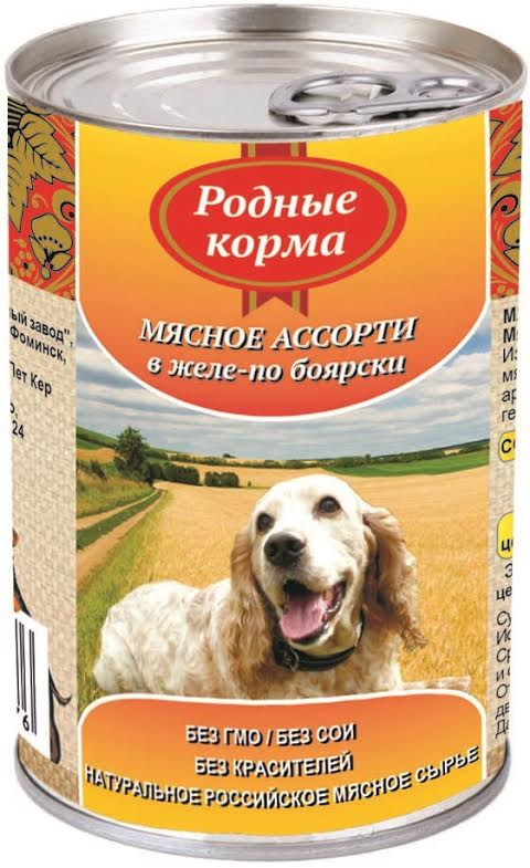 Консервы для собак Родные Корма, мясное ассорти в желе по-боярски, 410 г59898 Консервы для собак Родные Корма, мясное ассорти в желе по-боярски, 410 г59898Полнорационный консервированный корм для собак всех пород в виде нежных мясного ассорти в желе. Изготовлено из натурального российского сырья. Не содержит сои, ароматизаторов, искусственных красителей, ГМО. Состав: говядина, субпродукты, мясо птицы, натуральная желирующая добавка, злаки (не более 2%), соль, вода. Пищевая ценность (100г): протеин (8,0г), жир (7,0г), углеводы (4,0г), зола (2,0 г), клетчатка (1,0г), влага до 80%. Энергетическая ценность: 111 кКал. Вес: 410 г. Нормы кормления/день: 25-35г на 1кг веса животного. Товар сертифицирован.