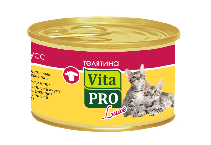 Консервы для котят Vita Pro Luxe, с телятиной, мусс, 85 г59937 Консервы для котят Vita Pro Luxe, с телятиной, мусс, 85 г59937Консервы для котят Vita Pro Luxe - это высококачественный корм в виде сочного, нежного мусса из натурального мяса. Не содержит ГМО, усилителей вкуса, сои, ароматизаторов и красителей. Состав: мясо и мясные продукты (телятина минимум 14%), минеральные вещества, сахар (декстроза). Анализ состава: белок 9%, сырые масла и жиры 6%, сырая зола 3%, сырая клетчатка 0,1%, влажность 77%. Энергетическая ценность: 100 ккал/100 г. Добавки на 1 кг: витамин А 1100 МЕ, D3 140 МЕ, Е 10 мг; сульфата меди пентагидрат 4,4 мг (Cu 1,1 мг), таурин 490 мг, камедь кассии 3000 мг. Товар сертифицирован.