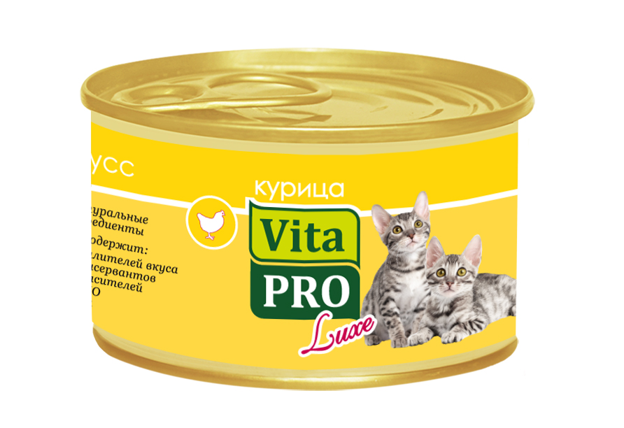 Консервы для котят Vita Pro Luxe, с курицей, мусс, 85 г59938 Консервы для котят Vita Pro Luxe, с курицей, мусс, 85 г59938Консервы для котят Vita Pro Luxe - это высококачественный корм в виде сочного, нежного мусса из натурального мяса. Не содержит ГМО, усилителей вкуса, сои, ароматизаторов и красителей. Состав: мясо и мясные продукты (курица минимум 14%), минеральные вещества, сахар (декстроза). Анализ состава: белок 9%, сырые масла и жиры 6%, сырая зола 3%, сырая клетчатка 0,1%, влажность 77%. Энергетическая ценность: 100 ккал/100 г. Добавки на 1 кг: витамин А 1100 МЕ, D3 140 МЕ, Е 10 мг; сульфата меди пентагидрат 4,4 мг (Cu 1,1 мг), таурин 490 мг, камедь кассии 3000 мг. Товар сертифицирован.