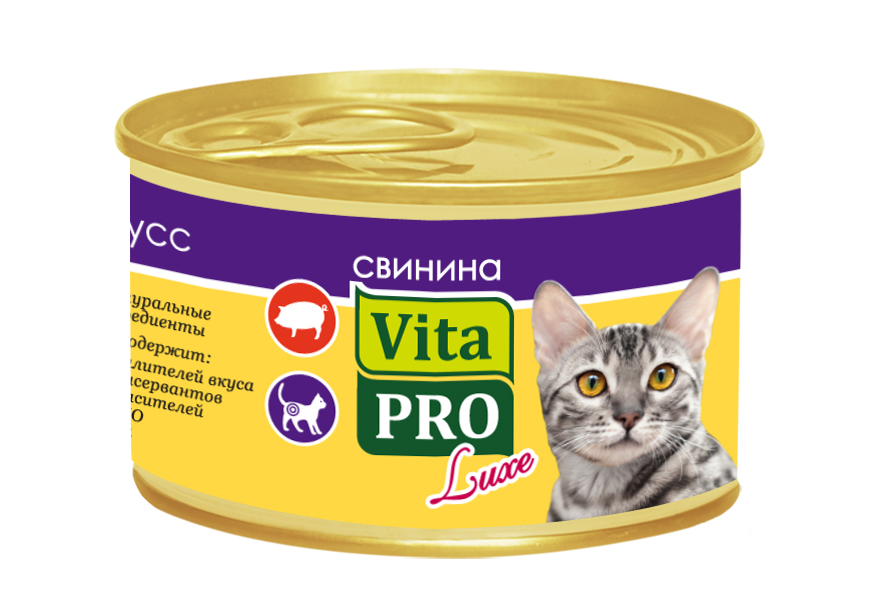 Консервы Vita Pro Luxe для стерилизованных кошек от 1 года, со свининой, мусс, 85 г59943 Консервы Vita Pro Luxe для стерилизованных кошек от 1 года, со свининой, мусс, 85 г59943Консервы для взрослых кошек Vita Pro Luxe - это высококачественный корм в виде сочного, нежного мусса из натуральных ингредиентов. Не содержит ГМО, усилителей вкуса, сои, ароматизаторов и красителей. Специально предназначен для стерилизованных кошек. Состав: мясо и мясные продукты (в том числе свинина 4%), клетчатка (2%), рисовая мука (1%), минералы, декстроза, сульфат хондроитина (0,01%), глюкозамин (0,01%). Анализ состава: белок 6%, сырые масла и жиры 2,7%, сырая зола 3%, сырая клетчатка 2,2%, сырая зола 2,3%, влажность 80,5%. Энергетическая ценность: 66 ккал/100 г. Добавки на 1 кг: витамин А 1.170 МЕ, D3 290 МЕ, Е 50 мг; медный сульфат пентагидрат 9,3 мг (медь 2,3 мг), марганцевая окись 5,8 мг (Mn 4,5 мг), цинковая окись 40,8 мг (Цинк 33 мг), йодид калия 1,0 мг (I 0,8 мг), железа карбонат 139 мг (Fe 67 мг), селенит натрия 0,16 мг (Se 0,07 мг), таурин (300 мг), камель кассии 3.200 мг. Товар сертифицирован.