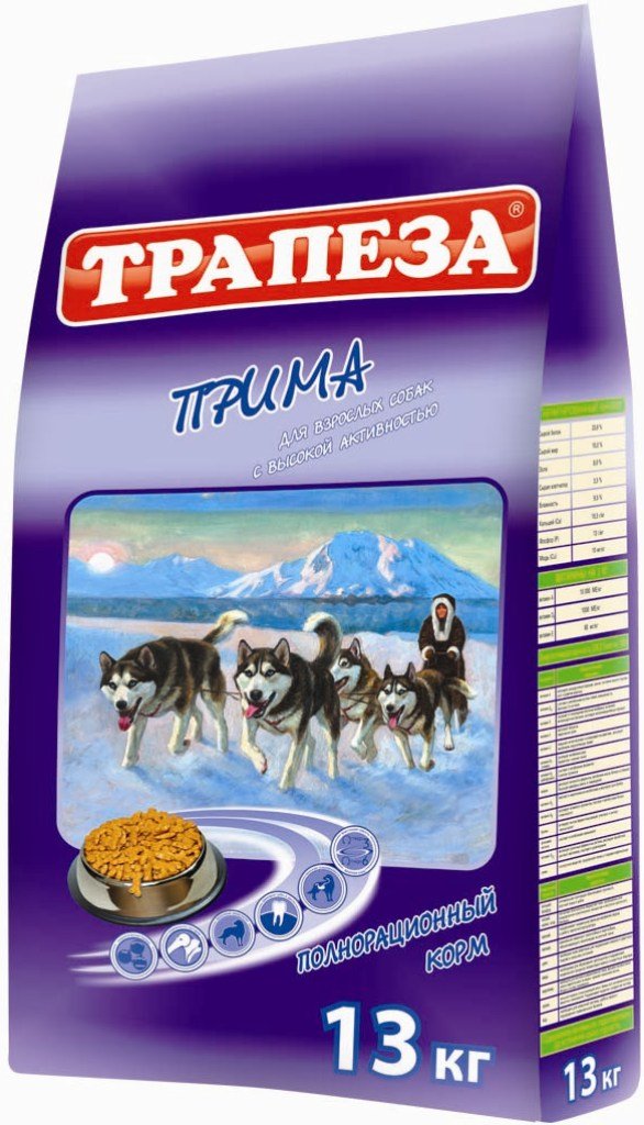 Корм сухой Трапеза Прима для активных собак, 13 кг02019 Корм сухой Трапеза Прима для активных собак, 13 кг02019Корм разработан специально для активных собак (содержащихся в вольере, а также в суровых климатических условиях) и имеет в своей основе три источника полноценного животного протеина: мясо, рыбу и курицу. Корм ПРИМА сбалансирован по уровню содержания ненасыщенных жирных кислот ОМЕГА-6 и ОМЕГА-3, их оптимальное соотношение (5:1) достигается сочетанием говяжьего, куриного и рыбьего жира, а также введением льняного масла. Высококачественные жиры, стабилизированные витаминами Е и С способствуют образованию и поддержанию отличного шерстного покрова, повышают иммунитет, обеспечивают организм Вашей собаки необходимой энергией. ПРОТЕИН - 25%, ЖИР - 12%, ЭНЕРГИЯ - 3600 кКал. Состав: говядина, мясо домашней птицы, мясные субпродукты, злаковые культуры, животные и растительные жиры, масла, витамины, минеральные вещества, микроэлементы.