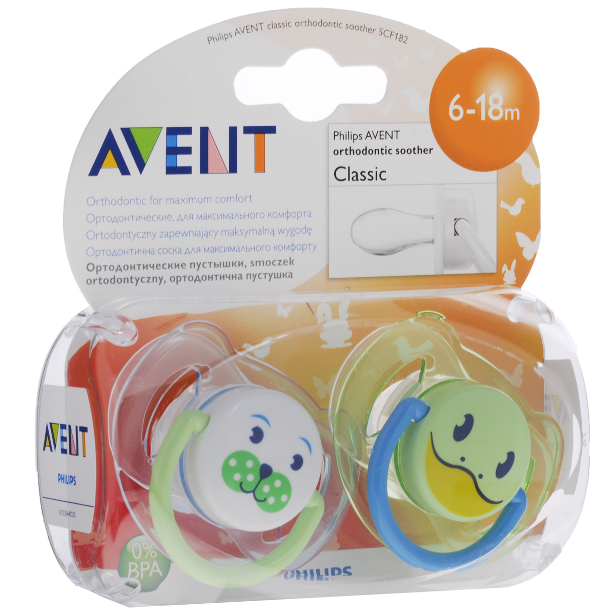 Philips Avent Пустышка силиконовая Домашние животные, ортодонтическая, от 6 до 18 месяцев, белый, зеленый, 2 шт SCF182/24SCF182/24 Philips Avent Пустышка силиконовая Домашние животные, ортодонтическая, от 6 до 18 месяцев, белый, зеленый, 2 шт SCF182/24SCF182/24Cоска-пустышка Avent Домашние животные помогает удовлетворить естественную потребность в сосании, а также тренирует мышцы губ, языка и челюсти, что играет важную роль в развитии речи и способности пережевывать пищу. Плоские симметричные соски каплевидной формы учитывают естественное расположение неба, зубов и десен младенца, даже если соска переворачивается у него во рту. Пристегивающийся защитный колпачок предназначен для гигиеничного хранения стерилизованных пустышек, а кольцевая ручка обеспечит более удобное вынимание пустышки. Силикон не обладает вкусом и запахом, что делает этот материал наиболее приемлемым для младенца. Ее можно стерилизовать или мыть в посудомоечной машине. Предназначена для детей от 6-18 месяцев.