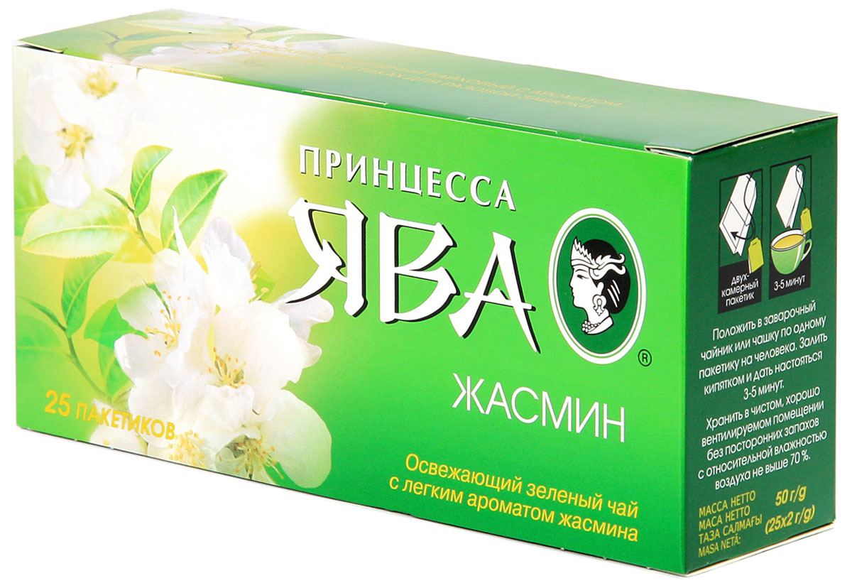 Принцесса Ява Жасмин зеленый ароматизированный чай в пакетиках, 25 шт0213-72 Принцесса Ява Жасмин зеленый ароматизированный чай в пакетиках, 25 шт0213-72Ароматизированный зеленый чай в пакетиках Принцесса Ява Жасмин - это изысканная смесь китайского среднелистового чая и лепестков жасмина. Чай отличается тонким вкусом и нежным ароматом жасмина, который стимулирует функции головного мозга, а также оказывает освежающее воздействие.