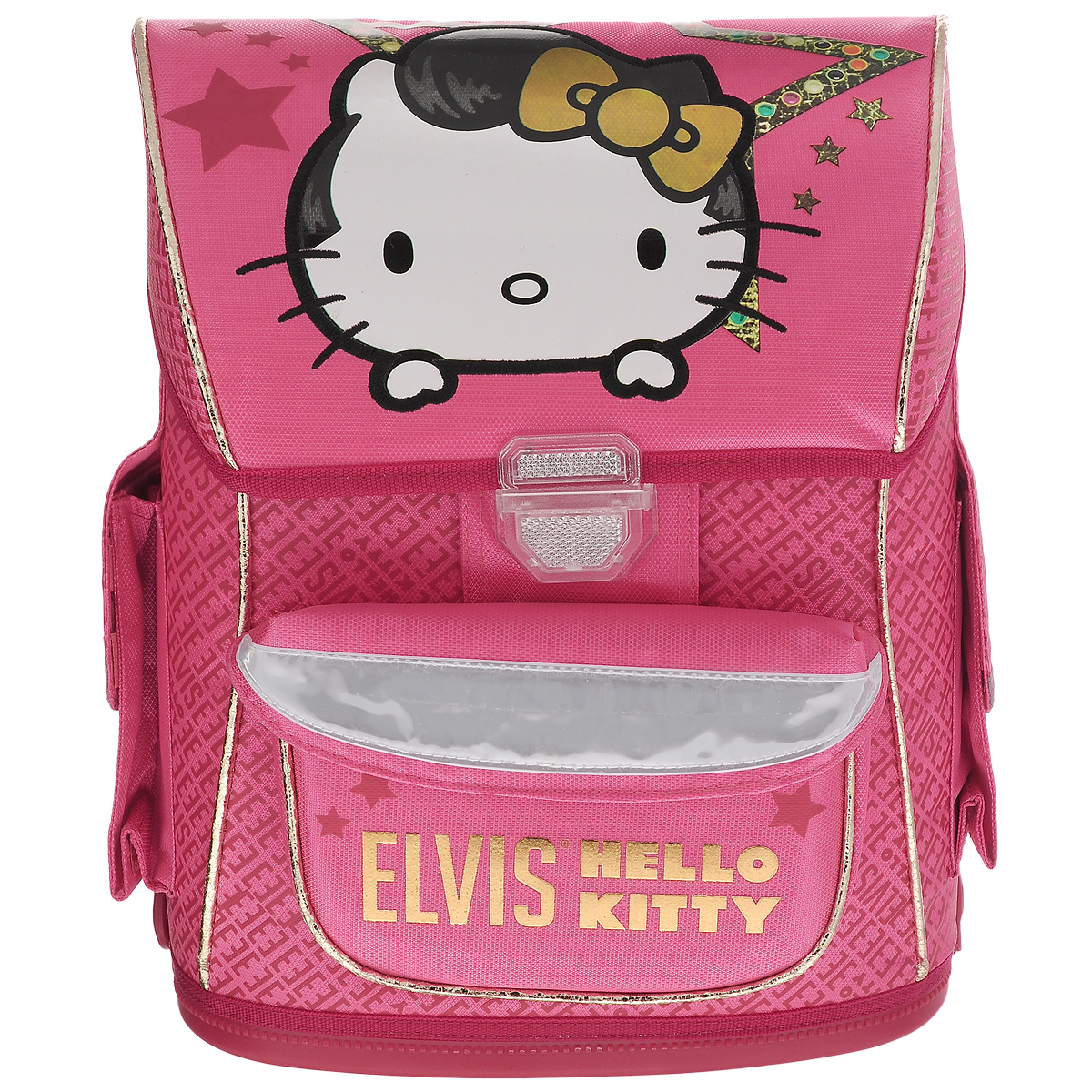 Ранец школьный Hello Kitty. Elvis, с наполнением, цвет: розовый, белыйHKOZ-UT1-568SET Ранец школьный Hello Kitty. Elvis, с наполнением, цвет: розовый, белыйHKOZ-UT1-568SETШкольный ранец Hello Kitty выполнен из современного легкого и прочного материала ярко-розового цвета, дополненный яркими аппликациями с кошечкой Kitty. Ранец имеет одно основное отделение, закрывающееся на клапан с замком-защелкой. Под крышкой расположен прозрачный пластиковый кармашек для расписания уроков, или для вкладыша с адресом и ФИО владельца. Внутри главного отделения имеется пришивной кармашек для мелочи и расположены два разделителя, предназначенные для размещения предметов без сложения, размером до формата А4 включительно. На лицевой стороне ранца расположен накладной карман на липучке. По бокам ранца размещены два дополнительных накладных кармана под клапанами, с липучкой. Рельеф спинки ранца разработан с учетом особенности детского позвоночника. Ранец оснащен петлей для подвешивания и двумя широкими лямками, регулируемой длины. Дно ранца полностью пластиковое. Многофункциональный школьный ранец станет незаменимым спутником вашего ребенка в...