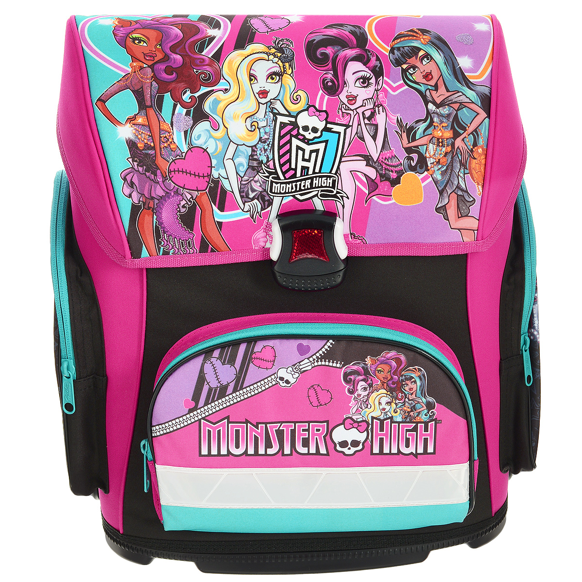 Ранец школьный Hatber Monster High, модель Optimum, цвет: черный, розовыйNRk_20629 Ранец школьный Hatber Monster High, модель Optimum, цвет: черный, розовыйNRk_20629Ранец школьный Hatber Monster High выполнен из водонепроницаемого, морозоустойчивого, устойчивого к солнечному излучению материала. Изделие оформлено изображениями героев мультфильма Школа монстров. Ранец содержит одно вместительное отделение, закрывающееся клапаном на пластиковый замок-защелку, который является морозоустойчивым, отличается долгим сроком службы. Внутри отделения имеется одна перегородка для тетрадей, учебников, маленький карман-косметичка на пластиковой молнии и накладной пластиковый кармашек, предназначенный для расписания уроков (имеется вкладыш для заполнения). Верхний клапан полностью откидывается, что существенно облегчает пользование ранцем. Ранец имеет два боковых кармана, закрывающихся на молнии и один карман на молнии на лицевой стороне. Ранец оснащен ручкой с резиновой насадкой для удобной переноски. Специальная жесткая конструкция спинки ранца оптимально распределяет нагрузку на позвоночник ребенка, способствуя...
