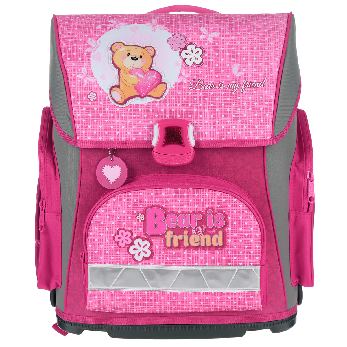 Ранец школьный Hatber Friendly bear, цвет: розовый, серыйNRk_20664 Ранец школьный Hatber Friendly bear, цвет: розовый, серыйNRk_20664Ранец Hatber Friendly bear выполнен из водонепроницаемого, морозоустойчивого, устойчивого к солнечному излучению материала. Изделие оформлено изображениями в виде забавного мишки. Содержит одно вместительное отделение, закрывающееся клапаном на пластиковый замок-защелку. Внутри отделения имеется одна перегородка для тетрадей, учебников и маленький карман-косметичка на пластиковой молнии. Верхний клапан полностью откидывается, что существенно облегчает пользование ранцем. Ранец имеет два боковых кармана, закрывающиеся на молнии. Лицевая сторона ранца оснащена накладным карманом на молнии. Жесткий каркас не дает ранцу деформироваться. Спинка ранца достаточно твердая. В нижней части спины расположен поясничный упор - небольшой валик, на который при правильном ношении ранца будет приходиться основная нагрузка. Ранец оснащен ручкой с резиновой насадкой для удобной переноски. Мягкие анатомические лямки скругленной формы позволяют легко и быстро отрегулировать ранец в...