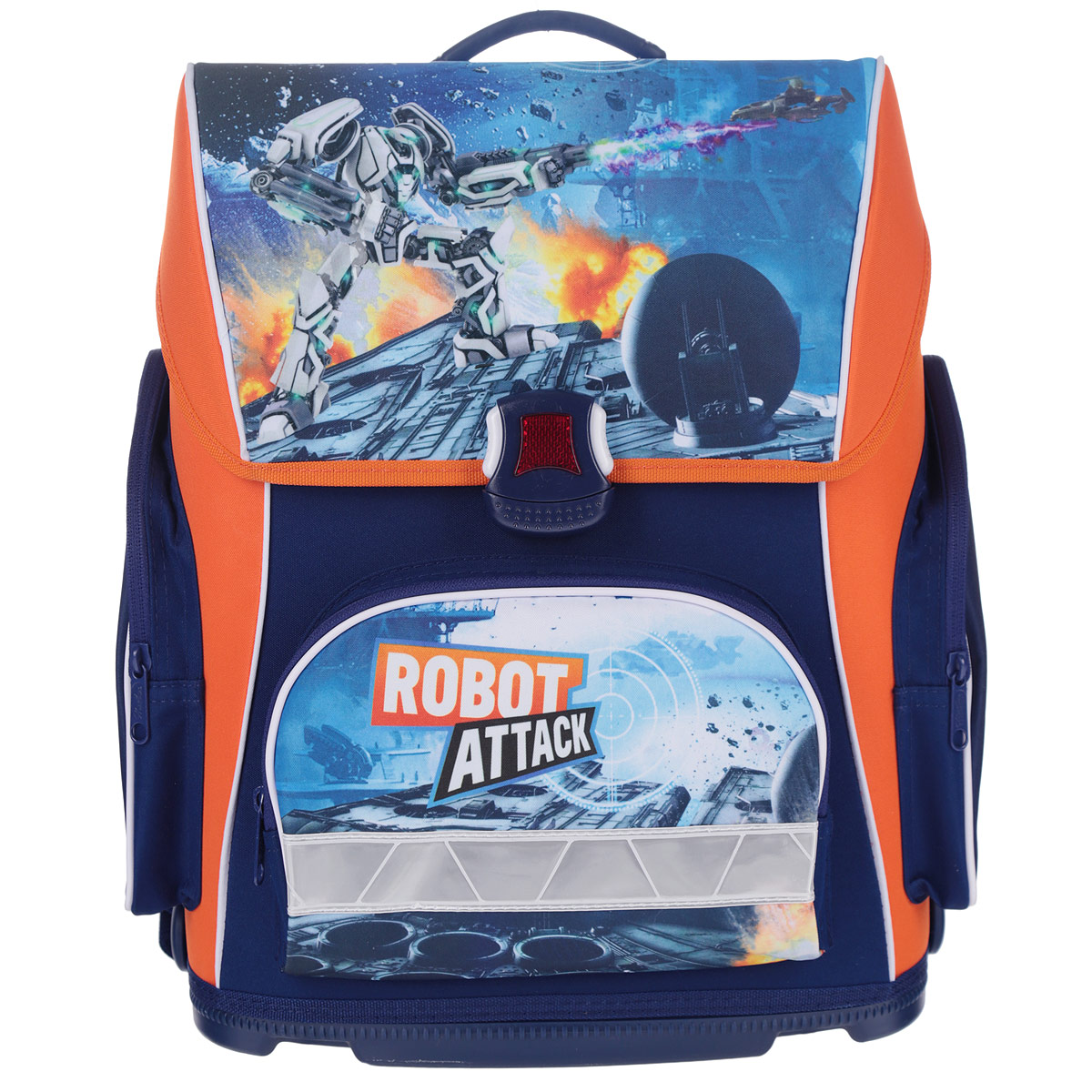 Ранец Hatber Robot Attack, модель Optimum, цвет: синий, оранжевыйNRk_20668 Ранец Hatber Robot Attack, модель Optimum, цвет: синий, оранжевыйNRk_20668Ранец Hatber Robot attack идеально подойдет для школьников! Ранец выполнен из водонепроницаемого, морозоустойчивого, устойчивого к солнечному излучению материала. Изделие оформлено изображением в виде робота. Содержит одно вместительное отделение, закрывающееся клапаном на замок-защелку. Внутри отделения имеется мягкая перегородка для тетрадей, учебников. Клапан полностью откидывается, что существенно облегчает пользование ранцем. На внутренней части клапана находится прозрачный пластиковый кармашек, в который можно поместить расписание занятий. Ранец имеет два боковых кармана, закрывающиеся на молнии. Лицевая сторона ранца оснащена накладным карманом на молнии. Жесткий анатомический каркас и форма спинки способствует равномерному распределению нагрузки и формированию правильной осанки. Конструкция спинки дополнена эргономичными подушечками, противоскользящей сеточкой и системой вентиляции для предотвращения запотевания спины ребенка. Широкие мягкие...