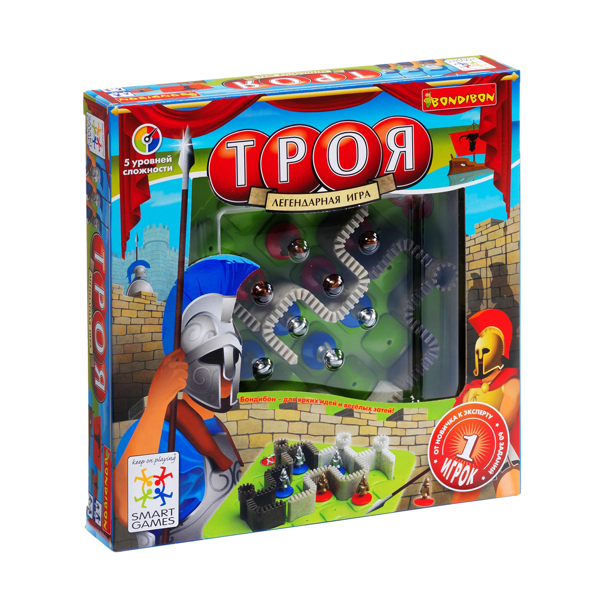 Логическая игра Bondibon SmartGames ТрояВВ0852 Логическая игра Bondibon SmartGames ТрояВВ0852Защити великий город Трою от вторжения врагов! Стань участником легендарного древнего сражения и сражайся бок о бок с мифологическими героями Древней Греции - Ахиллом, Аяксом, Гектором и хитроумным Одиссеем. Логическая игра Bondibon SmartGames Троя - отличный вариант детского развивающего досуга. Игра предусматривает 5 уровней сложности. Задача игрока - установить городские стены на игровом поле таким образом, чтобы вражеские воины оказались за их пределами, а воины-защитники внутри бастиона. Правила игры очень просты, и кажется, что справиться с заданиями совсем нетрудно. Но не заблуждайтесь! Троянская война известна за коварство и неожиданные повороты в ходе ее событии! В комплект игры входят: блокнот с 60 заданиями и их решениями, игровое поле с выемками, 4 фрагмента стены, 8 металлических фигурок рыцарей и резинка-держатель, благодаря которой можно брать игру в дорогу, и правила игры на русском языке.