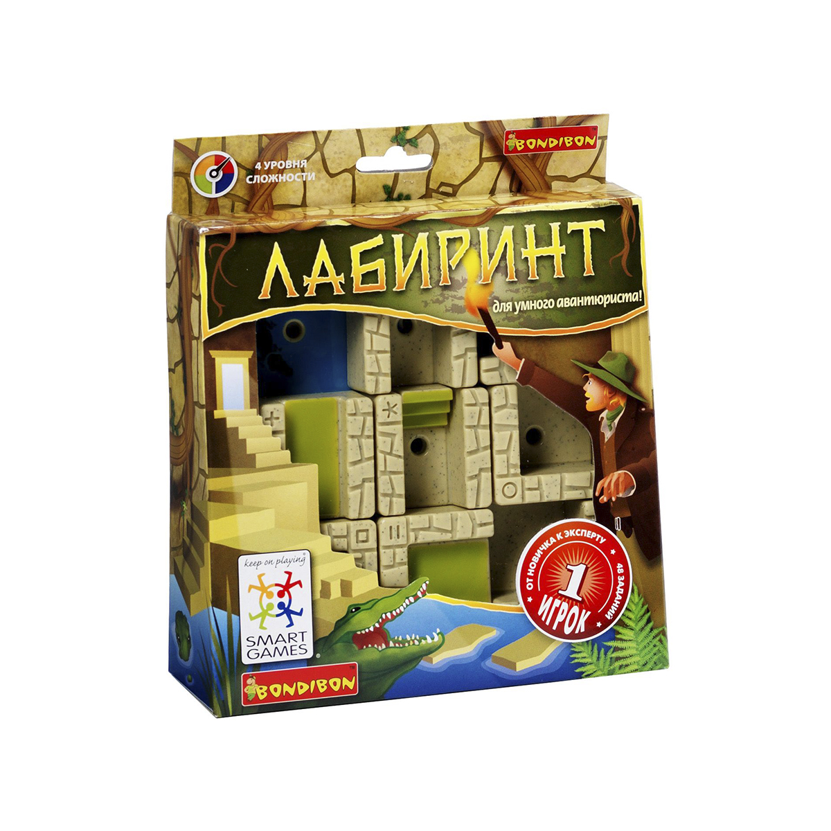 Логическая игра Bondibon SmartGames ЛабиринтВВ0897 Логическая игра Bondibon SmartGames ЛабиринтВВ0897В таинственном египетском лабиринте стены двигаются сами. Куда приведут запутанные пути: к спасительному выходу или в тупик? Один неправильный шаг - и можно стать обедом для голодного крокодила. Что поможет выбраться - интуиция или логический расчет? Логическая игра Bondibon SmartGames Лабиринт - игра для упорных и сообразительных. Игра содержит 48 заданий 5 уровней сложности. Несмотря на то, что все логические задачи уже с ответами, не торопитесь узнавать решение, попробуйте найти его сами! В комплект входят: буклет с 48 заданиями с ответами, 8 деталей со стенами, пешка, игровая доска с отделением для хранения деталей. С помощью игры можно развить логическое мышление и познавательные способности, социальное развитие, концентрацию внимания, тренировку памяти, фантазию и мелкую моторику.