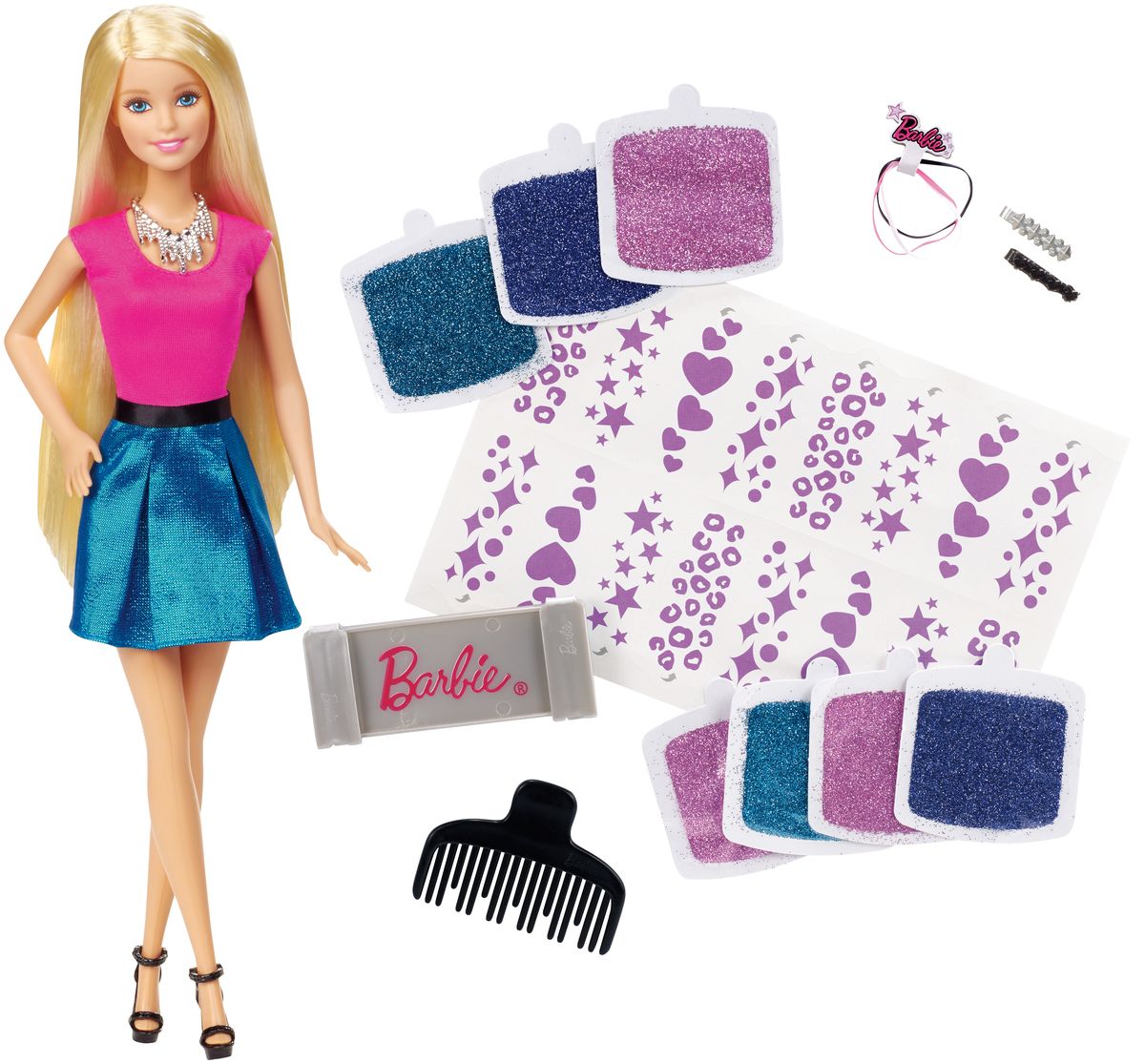 Barbie Игровой набор с куклой Блестящие волосыCLG18 Barbie Игровой набор с куклой Блестящие волосыCLG18Игровой набор Barbie Блестящие волосы откроет перед вашей малышкой невероятные возможности и поможет ей почувствовать себя настоящим стилистом. В комплекте: кукла Барби, расческа, 3 резиночки, 2 заколки, 16 шаблонов и 7 пакетиков блесток розового, фиолетового и бирюзового цветов. С таким набором ваша дочурка сможет украсить волосы своей куклы уникальными сверкающими дизайнами. Достаточно нанести на волосы куклы узор с одного из клейких листов, а затем добавить блестки. Различные цвета блесток можно смешивать, создавая оригинальные переходы и градиенты. А входящие в набор заколки и резиночки помогут внести заключительный штрих в новый модный образ Барби! Игры с таким набором не только подарят девочке множество счастливых мгновений, но и помогут проявить свои творческие способности.