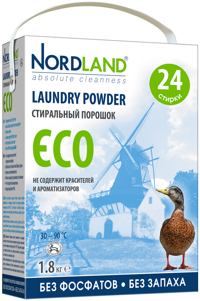 Стиральный порошок Nordland Eco для белых и цветных тканей, 1,8 кг392401 Стиральный порошок Nordland Eco для белых и цветных тканей, 1,8 кг392401Стиральный порошок Nordland Eco нового поколения не содержит фосфатов и не имеет запаха, специально создан для машинной и ручной стирки при температуре 30-90°С. Порошок подходит для стирки как белых, так и цветных тканей из натуральных, синтетических и смесовых волокон. Может использоваться для стирки верхней одежды, свитеров, курток, комбинезонов. Особенности: - Не содержит красителей и ароматизаторов; - Заботится об экосистеме вашего дома; - Хорошо выполаскивается; - Мягко очищает и ухаживает за тканями; - Не тестируется на животных; - Биораспад более 90%. Товар сертифицирован.