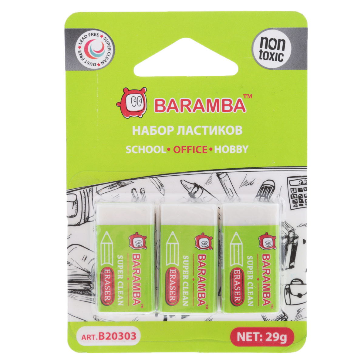 Набор ластиков Baramba Dust Free, с раскраской, 3 штB20303 Набор ластиков Baramba Dust Free, с раскраской, 3 штB20303Ластики Dust Free идеально подходят для применения как в школе, так и в офисе. Обеспечивают высокое качество коррекции, не повреждают поверхность бумаги, даже при сильном трении, не оставляют следов. Каждый ластик имеет бумажную рубашку и индивидуальный полиэтиленовый конвертик. Абсолютно безопасны, не токсичны и экологичны. Рекомендовано для детей старше 3-х лет.