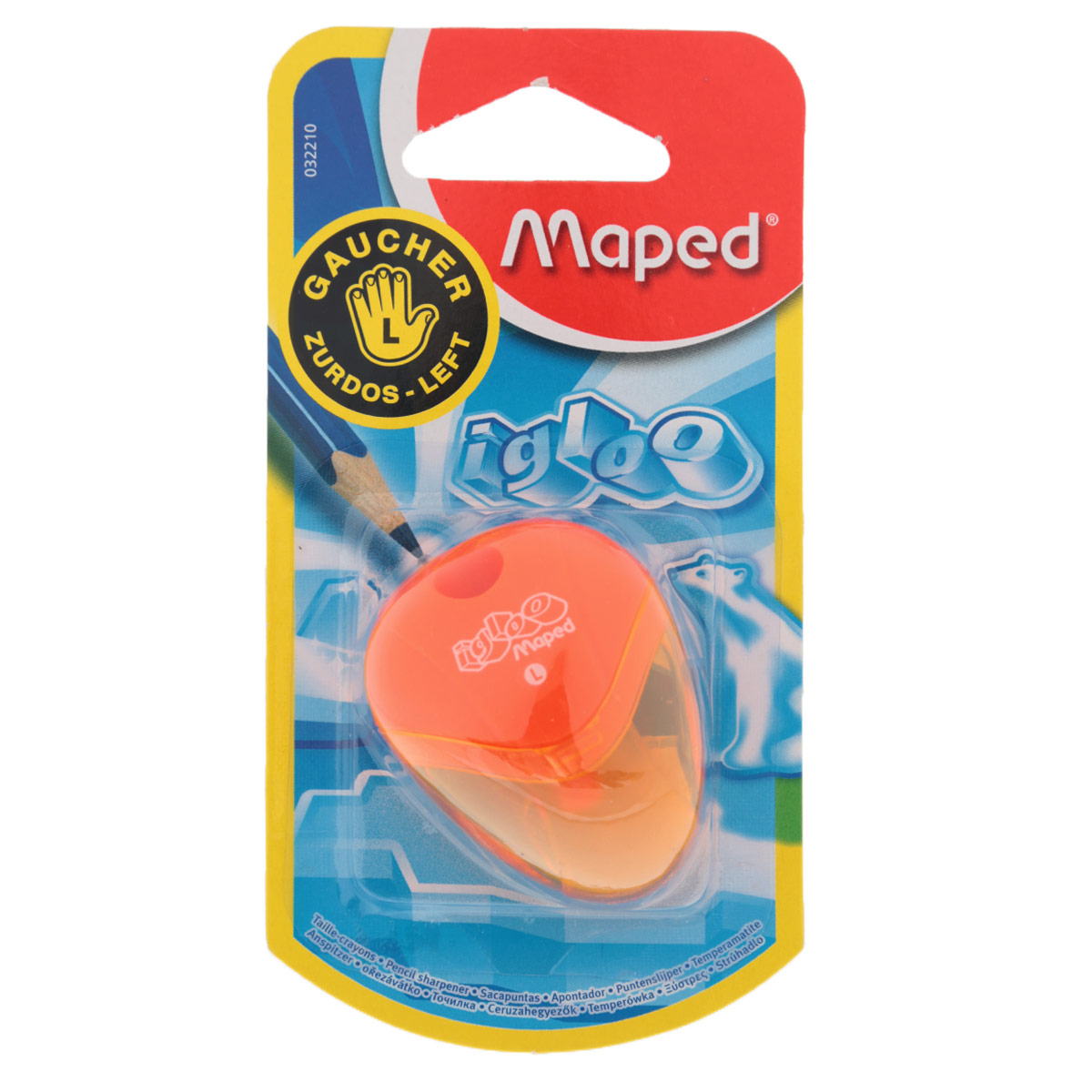 Точилка Maped Igloo, для левшей, цвет: оранжевый32210_оранжевый Точилка Maped Igloo, для левшей, цвет: оранжевый32210_оранжевыйТочилка Igloo для левшей с одним отверстием выполнена из ударопрочного пластика. Полупрозрачный контейнер для сбора стружки позволяет визуально контролировать уровень заполнения и вовремя производить очистку. Подходит как для школы, так и для офиса. Рекомендовано детям старше трех лет.
