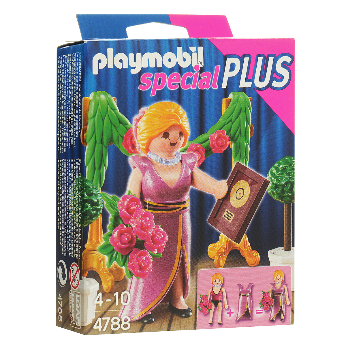 Playmobil Игровой набор Знаменитость с наградой4788pm Playmobil Игровой набор Знаменитость с наградой4788pmИгровой набор Playmobil Знаменитость с наградой обязательно понравится вашей малышке. Он выполнен из безопасного пластика и включает фигурку в виде знаменитой певицы, награду и букет для нее и другие аксессуары для игры. У фигурки подвижные части тела; в руках она может удерживать предметы. Певица позирует перед телекамерами с наградой и букетом от поклонников. По такому случаю сцену украсили гирляндой и растениями в кадках. Ваш ребенок с удовольствием будет играть с набором, придумывая веселые истории. Рекомендуемый возраст: от 4 до 10 лет.