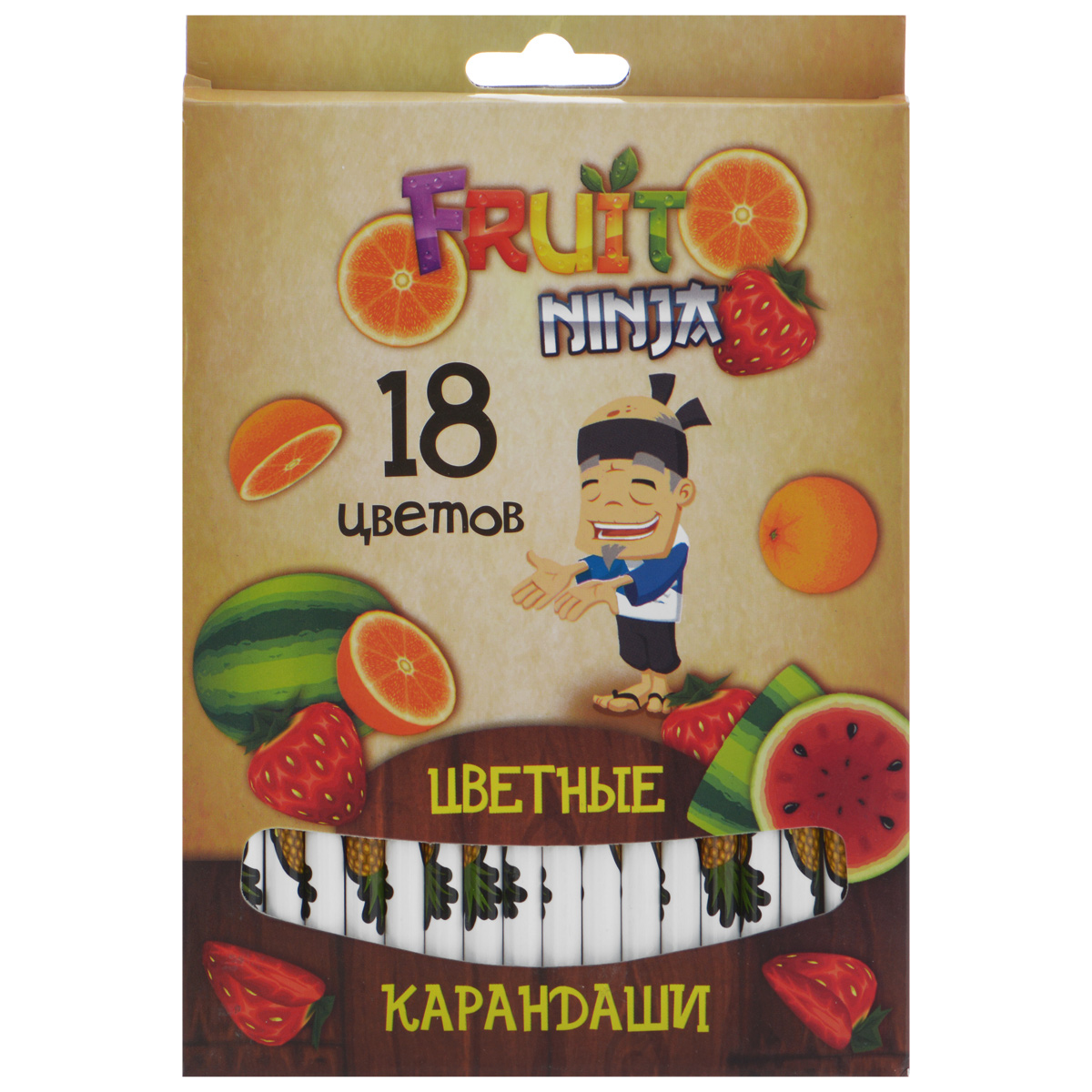 Цветные карандаши Action! Fruit Ninja, 18 цветовC37142_бежевая Цветные карандаши Action! Fruit Ninja, 18 цветовC37142_бежеваяЦветные карандаши Action! Fruit Ninja - идеальный инструмент для самовыражения и развития маленького художника! Корпус карандашей выполнен из высококачественной древесины и оформлен изображением сочных фруктов и логотипом игры Fruit Ninja. Карандаши обладают яркими насыщенными цветами, а мягкий грифель позволяет штрихам легко ложиться на бумагу. Они уже заточены, поэтому все, что нужно для рисования, - это взять чистый лист бумаги, и можно начинать! Комплект включает 18 карандашей разных цветов, упакованных в коробку, украшенную изображением фруктов и героя игры Fruit Ninja.