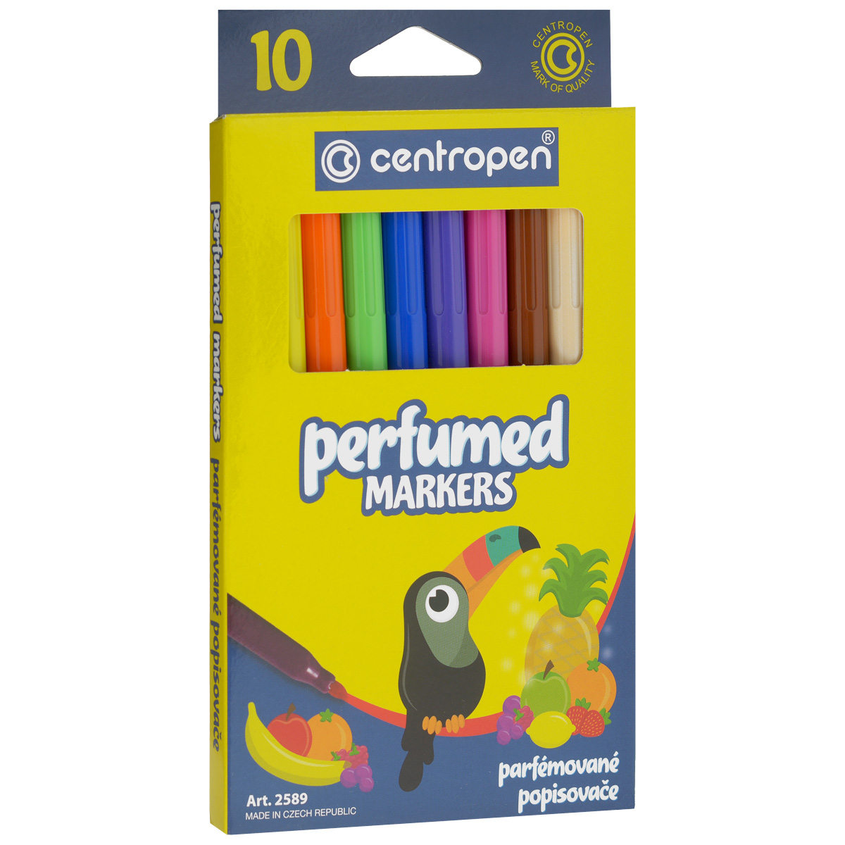 Фломастеры Centropen, ароматизированные, 10 цветовC07941_твердая упаковка Фломастеры Centropen, ароматизированные, 10 цветовC07941_твердая упаковкаАроматизированные фломастеры Centropen - идеальный инструмент для творчества маленького художника! Корпусы фломастеров выполнены из прочного пластика и оформлены изображениями фруктов. Фломастеры имеют яркие насыщенными цветами и легко ложаться на бумагу. Вентилируемые колпачки фломастеров снабжены специальными отверстиями. Фломастеры ароматизированы, и каждый цвет имеет свой особый аромат. Всего в наборе 10 цветов - оранжевый, бежевый, красный, розовый, зеленый, коричневый, фиолетовый, синий, черный, желтый. Рисование знакомит ребенка с цветами и формами, и положительно влияет на настроение детей. Кроме того, оно развивает мелкую моторику, воображение и творческое мышление.