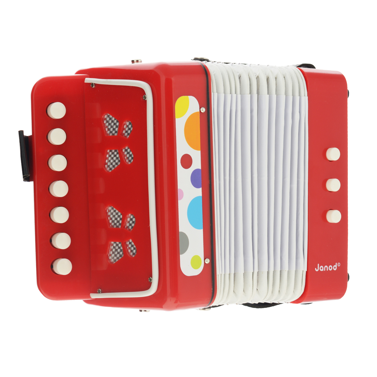 Музыкальная игрушка Janod АккордеонJ07620 Музыкальная игрушка Janod АккордеонJ07620Музыкальная игрушка Janod Аккордеон не позволит скучать вашему малышу. Он выполнен из дерева и окрашен в яркие цвета с применением безопасных для здоровья детей красок. Аккордеон выглядит и звучит совсем как настоящий. Он оснащен 7 кнопками, при нажатии на которые инструмент издает звуки различной высоты, а также 2 кнопками изменения тональности. Яркая расцветка аккордеона привлечет внимание и поднимет настроение малыша. Это яркая и веселая игрушка, с помощью которой вы сможете привить ребенку любовь к музыке. Музыкальная игрушка Janod Аккордеон поможет развить слух, чувство ритма и музыкальные способности малыша, и он порадует вас веселым концертом!